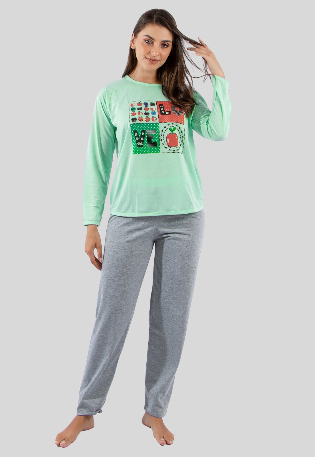 Pijama Longo Silk + Calça Cinza Diluxo Verde