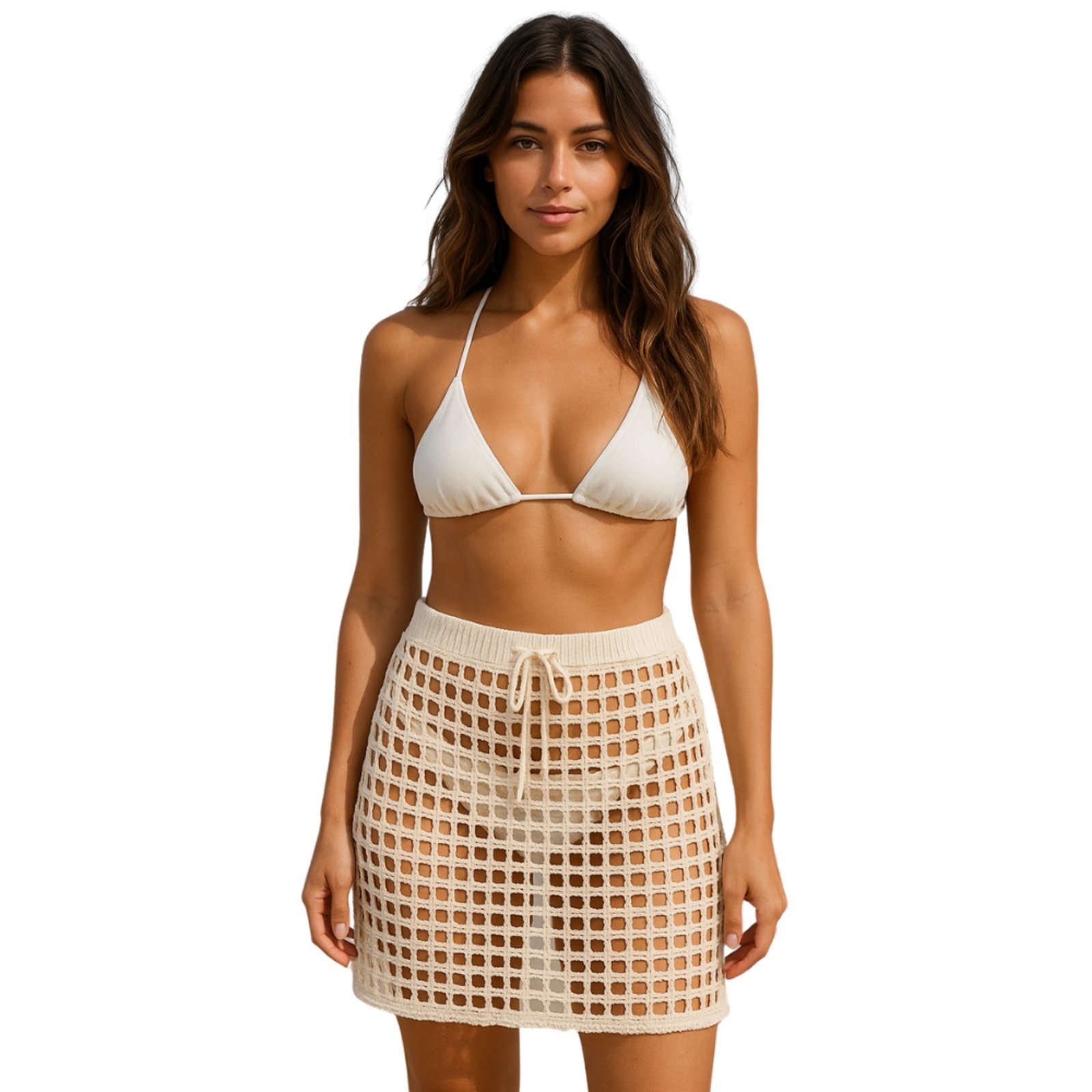 Saída de Praia Tricot Reflexo Íntimo Saia Tricotada Com Regulagem Curta Moda Verão Off White