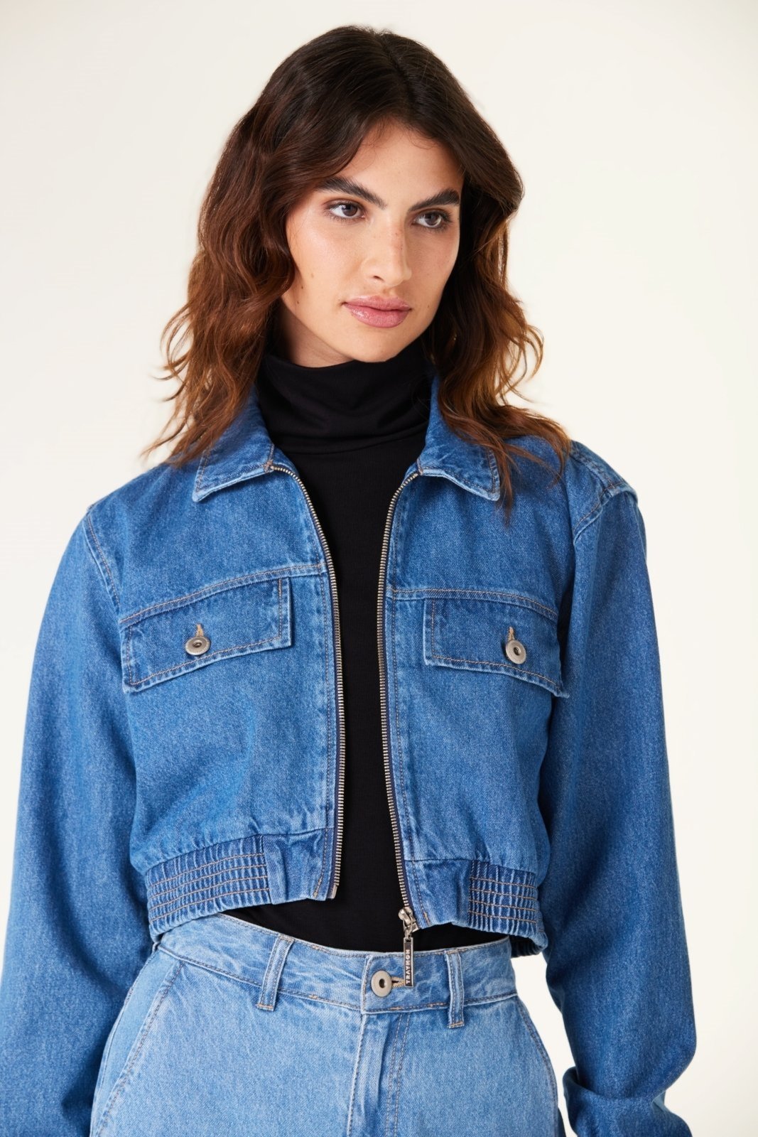 Jaqueta Cropped Traymon Jeans Azul