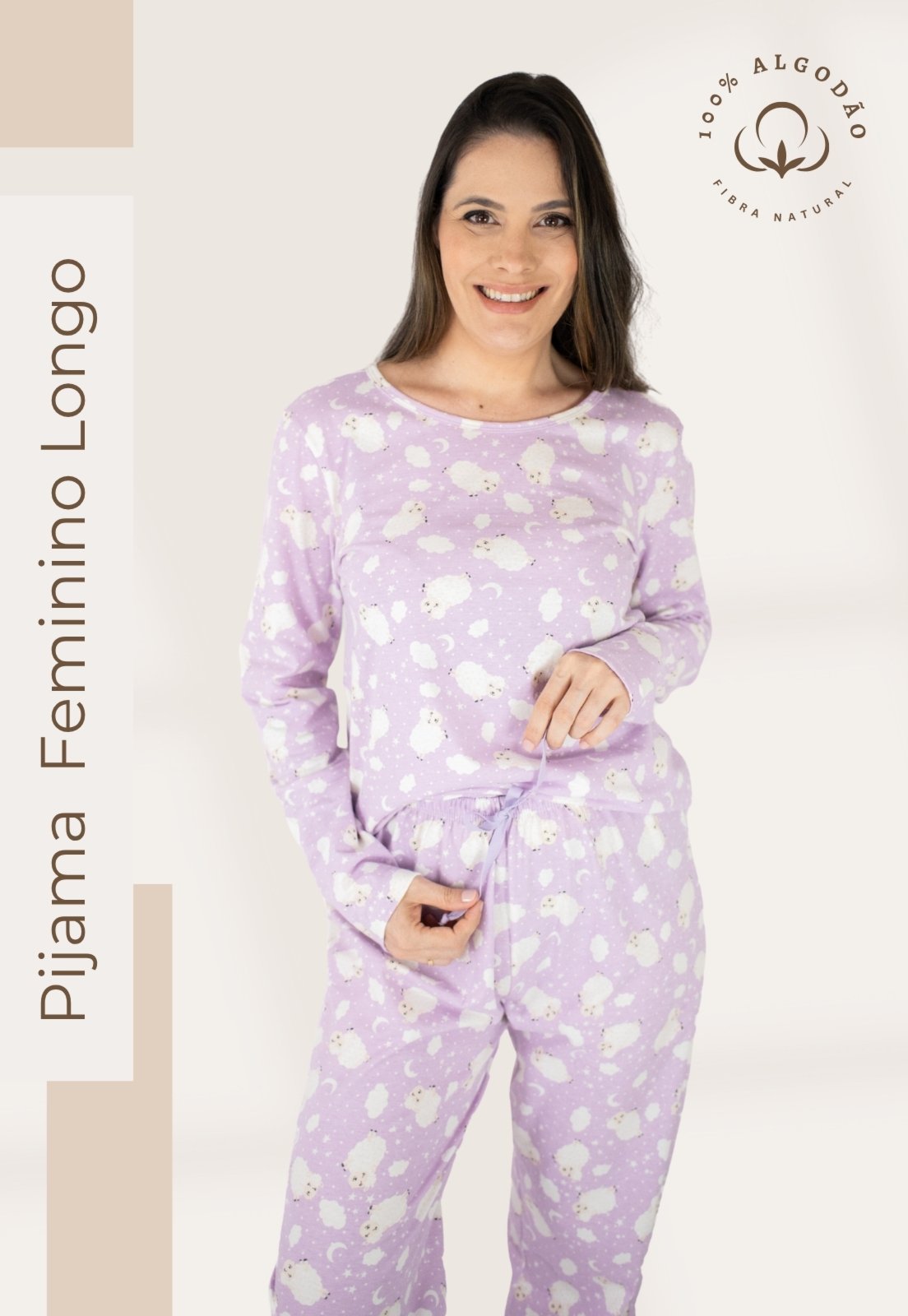 Pijama Algodão Básico Feminino Longo Piante Melissa Ovelha Lilás