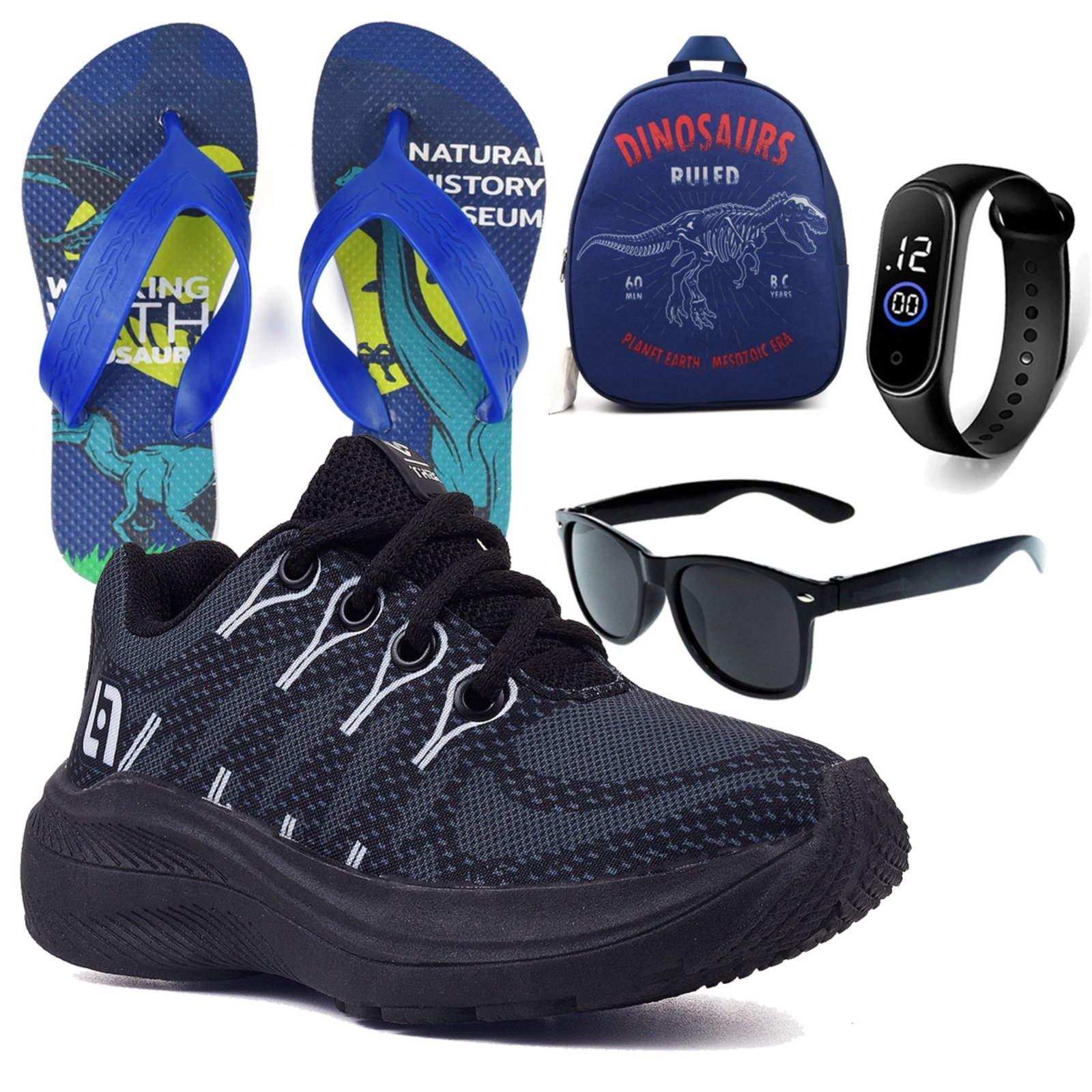 Infantil – Tenis Meninos Casual Preto Preto + Mochila Chinelo Óculos e Relógio