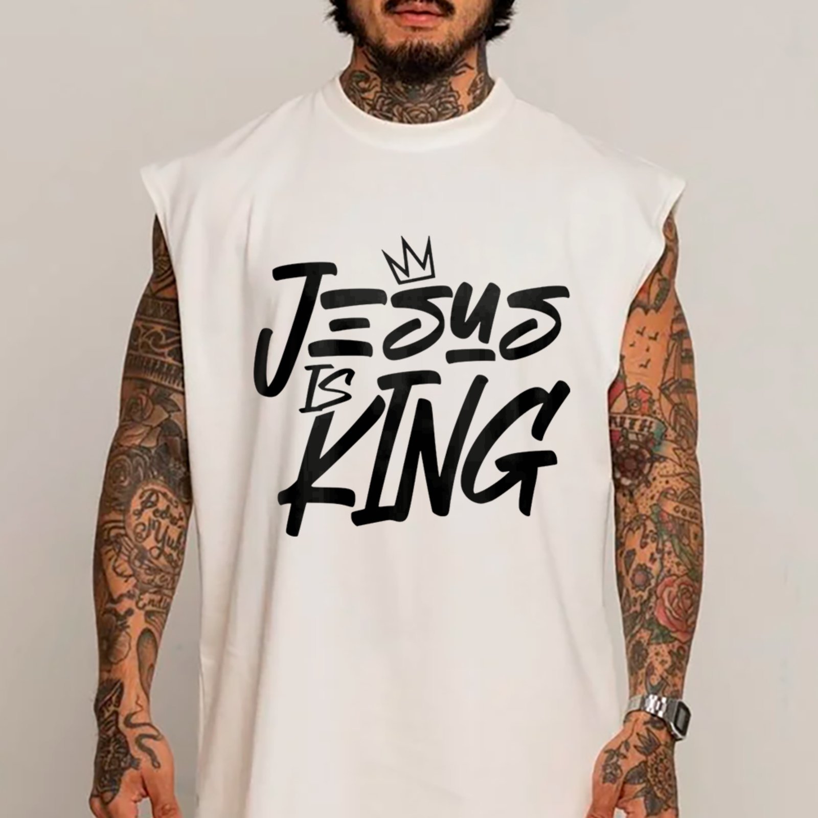 Camiseta Regata Machão Gospel Jesus Is King Fé Cristã Branco