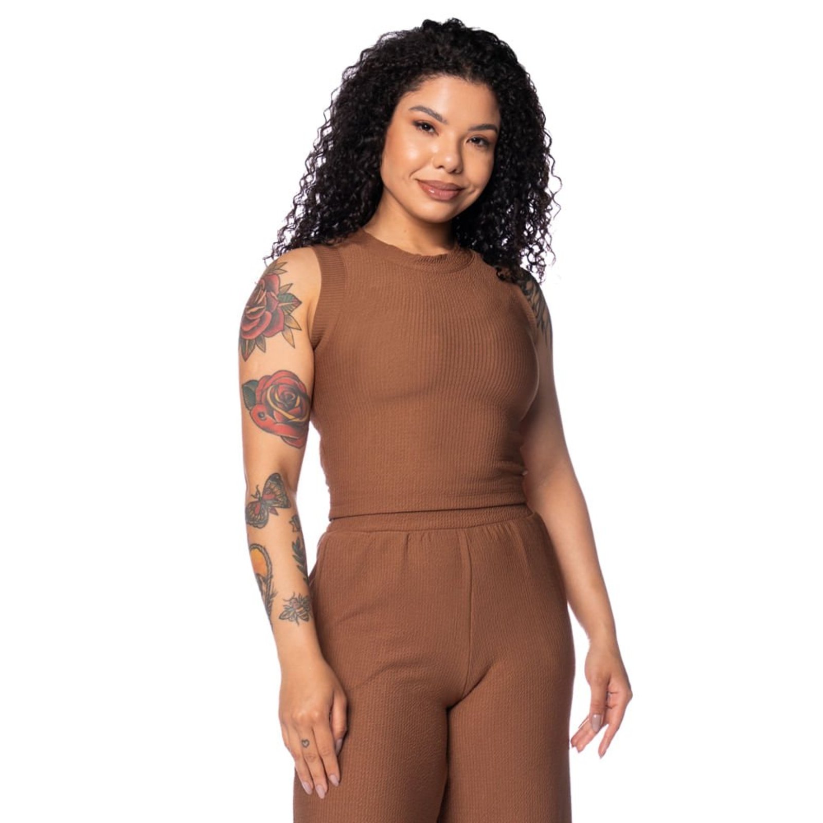 Regata Cropped Feminina Babicat Texturizada Marrom