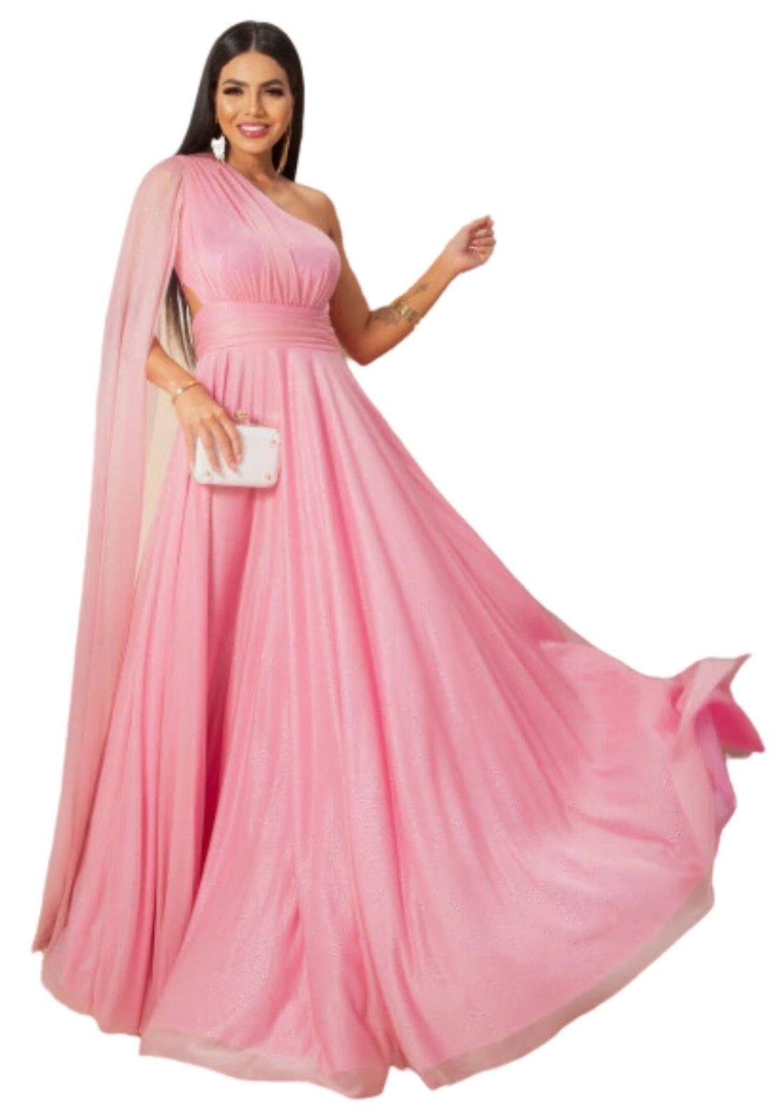 Vestido Longo de Festa Micro tule Com Brilho uma Manga Sueli Rosa