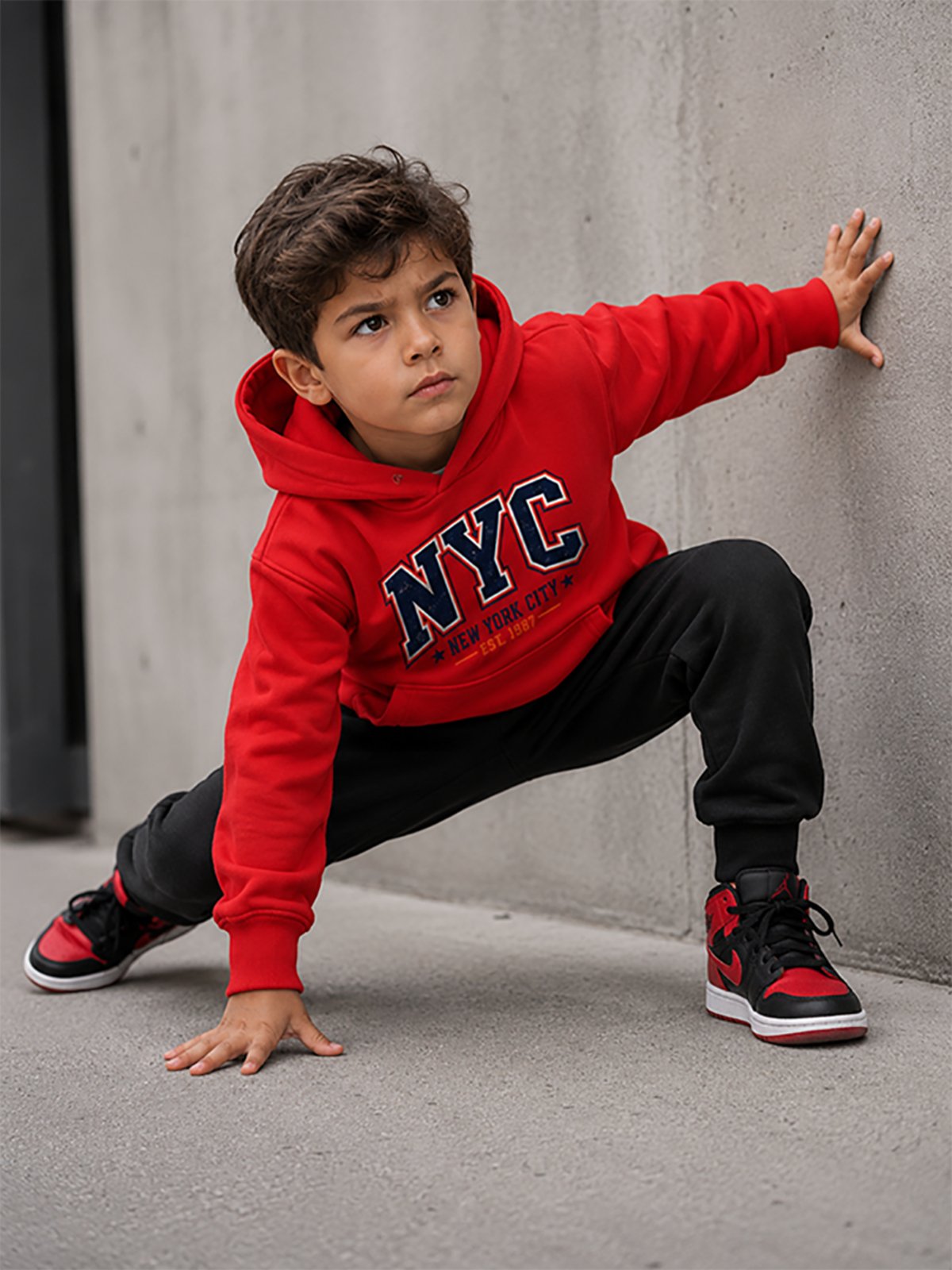 Infantil - Conjunto Moletom Urbania Moleton escola Canguru Fechado com Bolso e Capuz Vermelho estampa NYC New York City calça + relogio