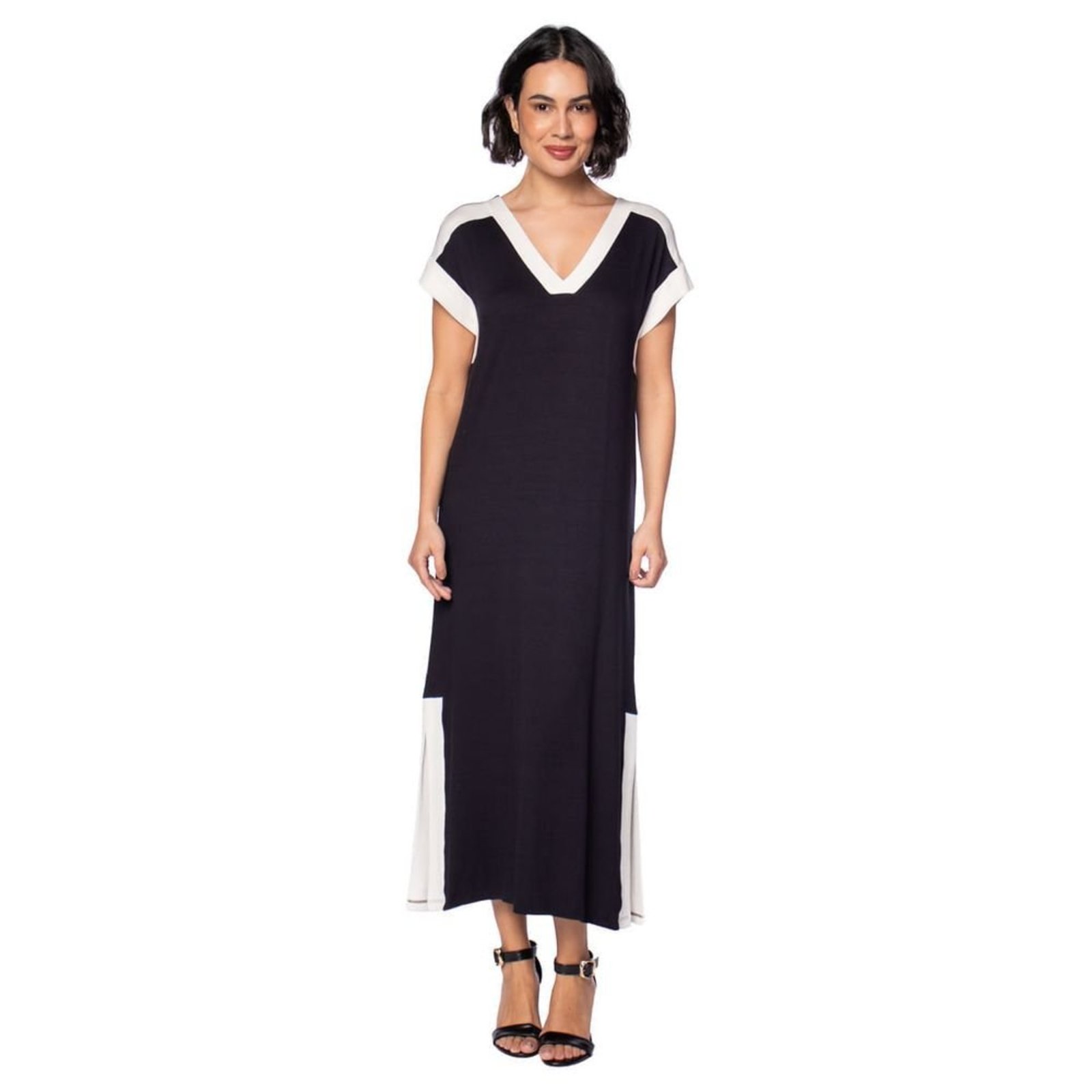 Vestido Midi Feminino Averzzy Malha Decote V Preto/Branco