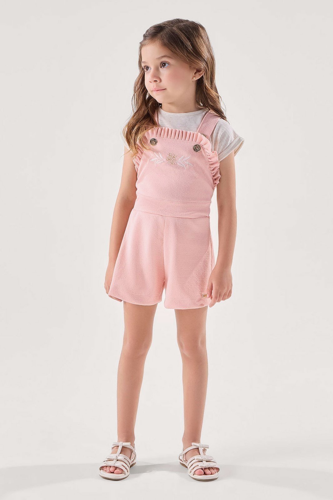 Infantil - Conjunto Blusa Rosa Texturizada com Jardineira com Babados