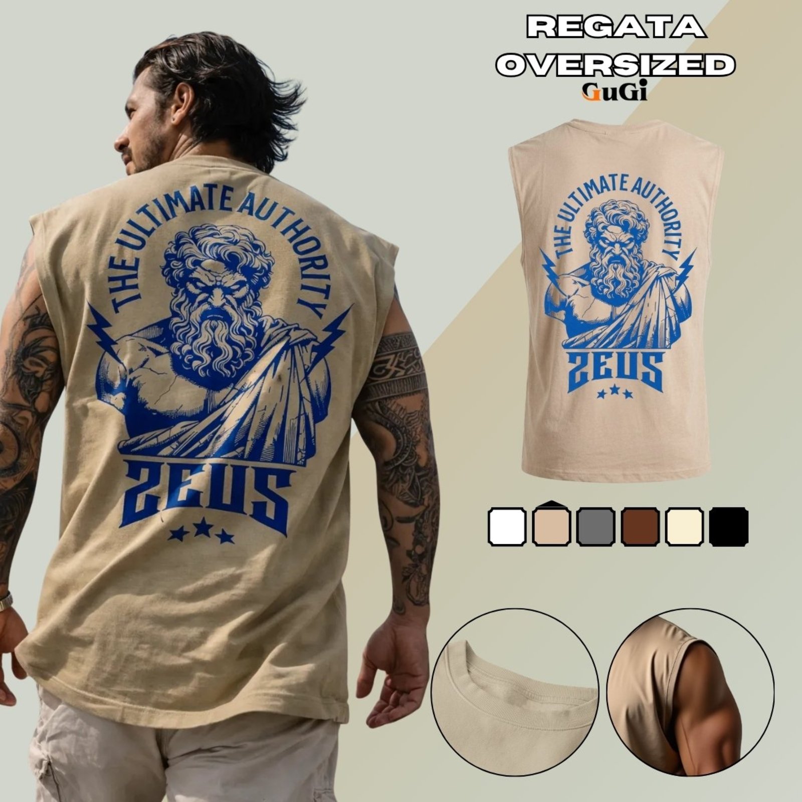 Camiseta Regata Masculina Oversized Estampada Mitologia Grega Zeus 100% Algodão 30.1 - Cáqui