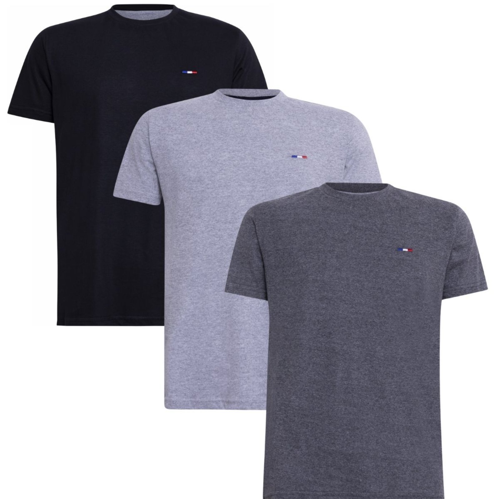 Kit 3 Peças Camisetas Básicas Masculina FMF Preto Cinza Chumbo em Algodão Premium no Estilo Tommy Bordado França
