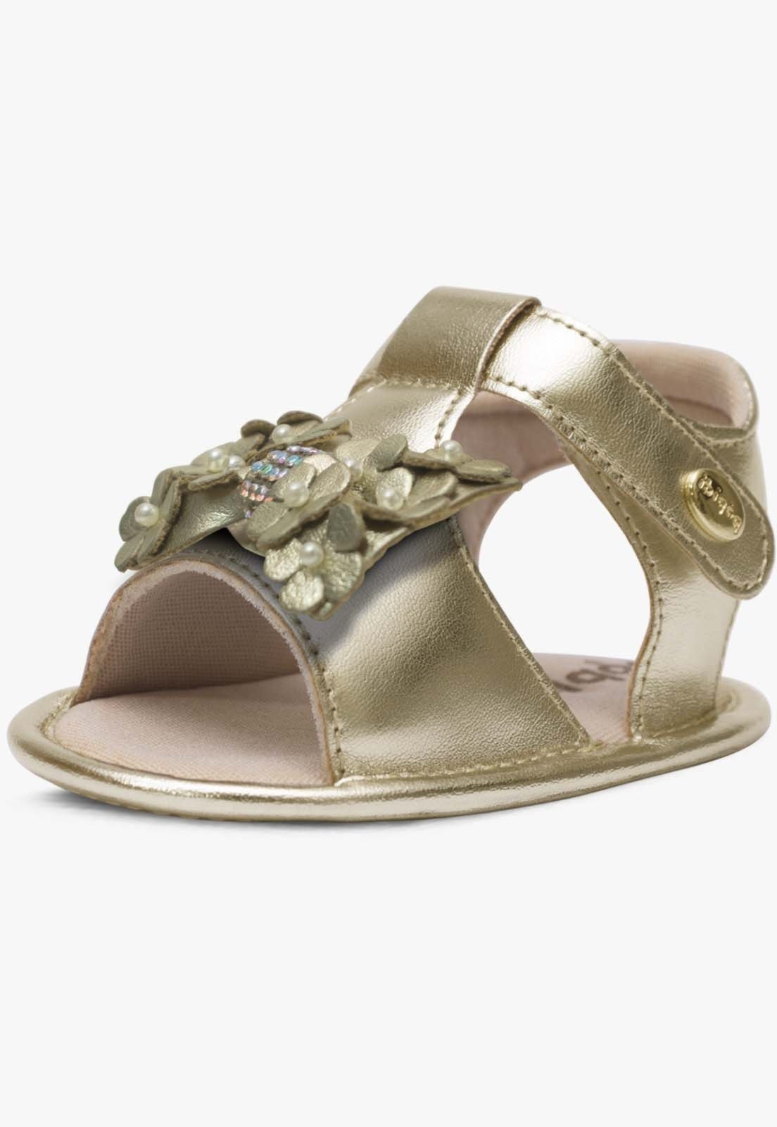 Infantil - Sandalia Casual Pópidi Menina Recem Nascido Laço Flores Dourado