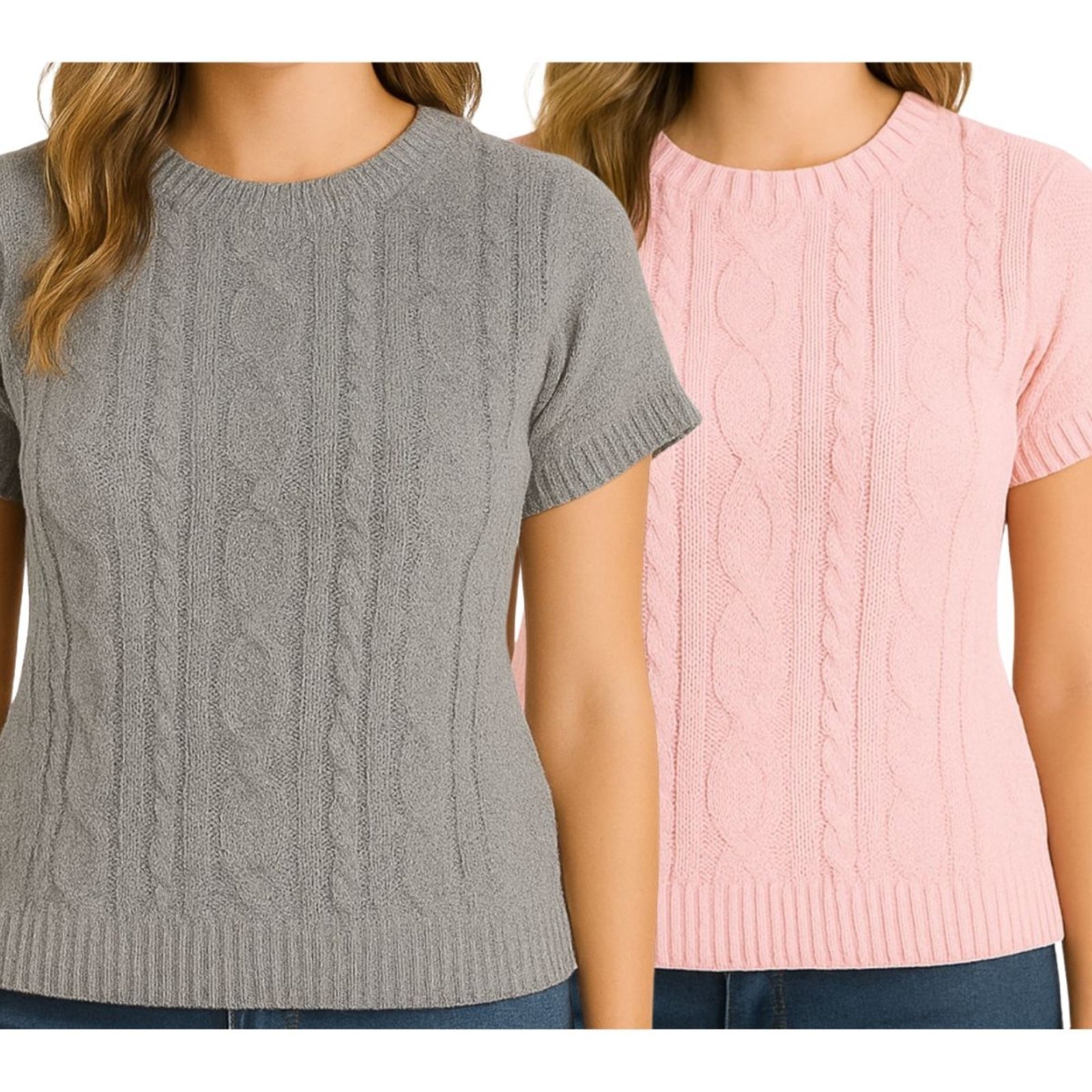 Kit 2 Blusas FMF Feminina Moda Tricô Ponto Trama Trançada Cinza