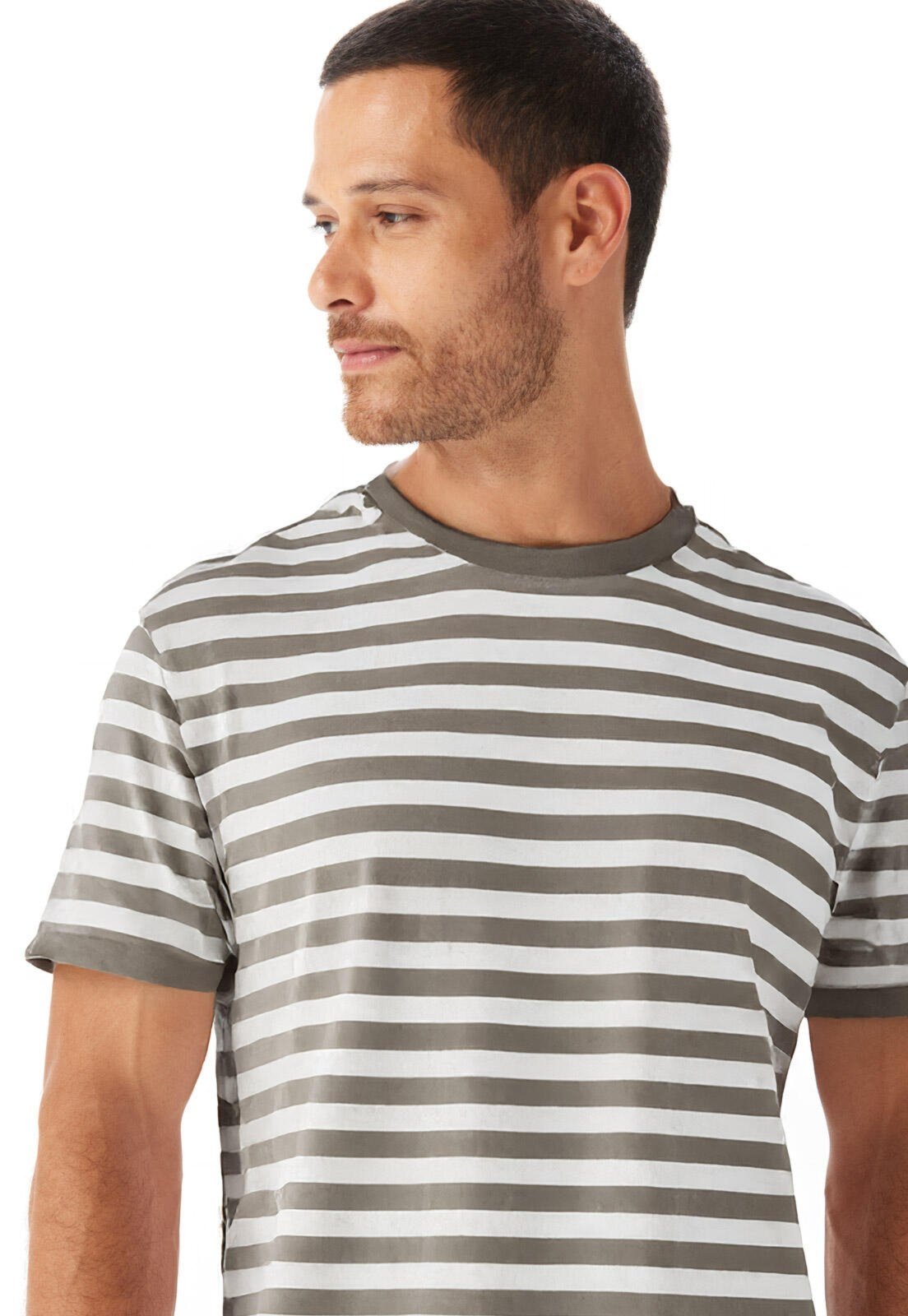 Camiseta Slim Básica Listrada Traymon List Kaki/Off White