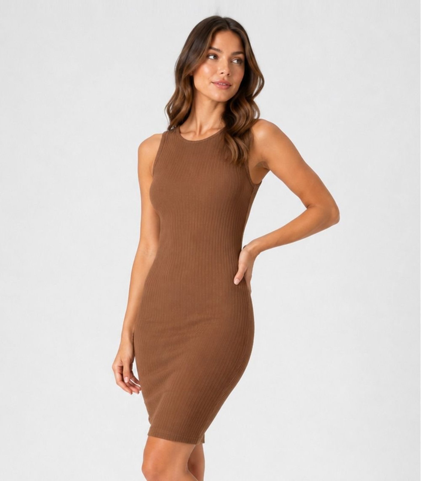 Vestido Curto Ribana Canelada Infinita Cor Marrom