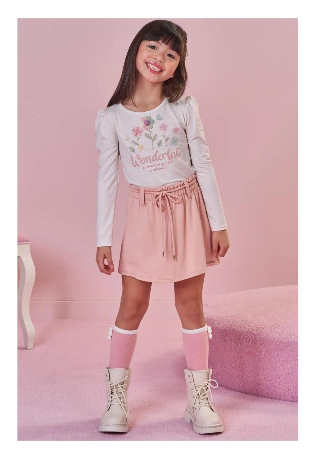 Infantil - Meia Longa Rosa com Flor Infanti M Rosa