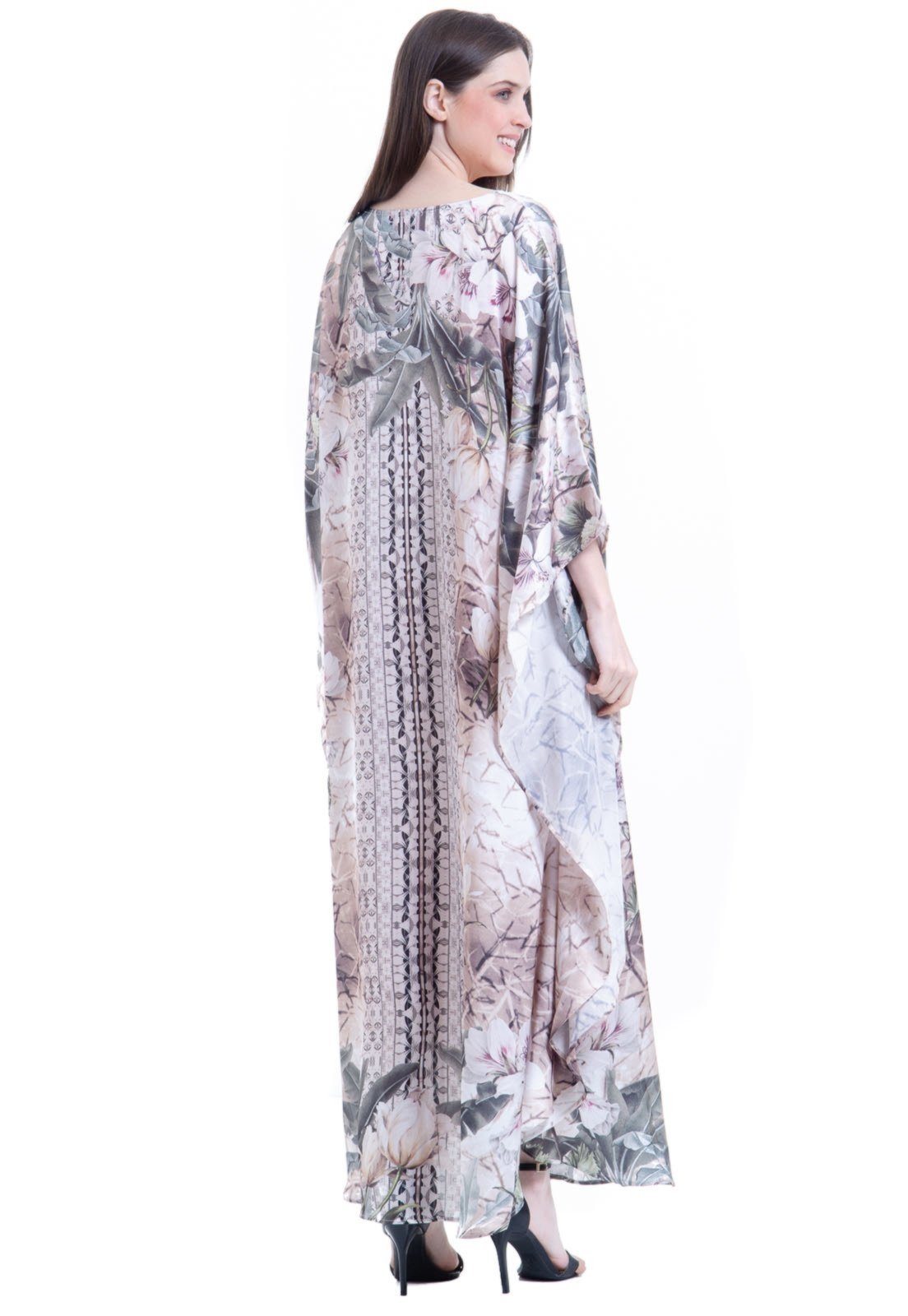 Vista 3 Vestido Kaftan Longo Cetim Estampado EXCLUSIVO Textura Animal Print 101 Resort Wear marrom 101 Resort Wear marrom