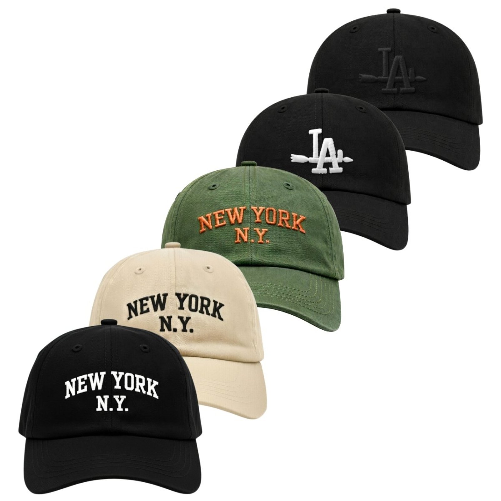 Kit 5 Bonés Bordado Aba Curva com Ajuste Relaxado Moderno NY LA Bordado