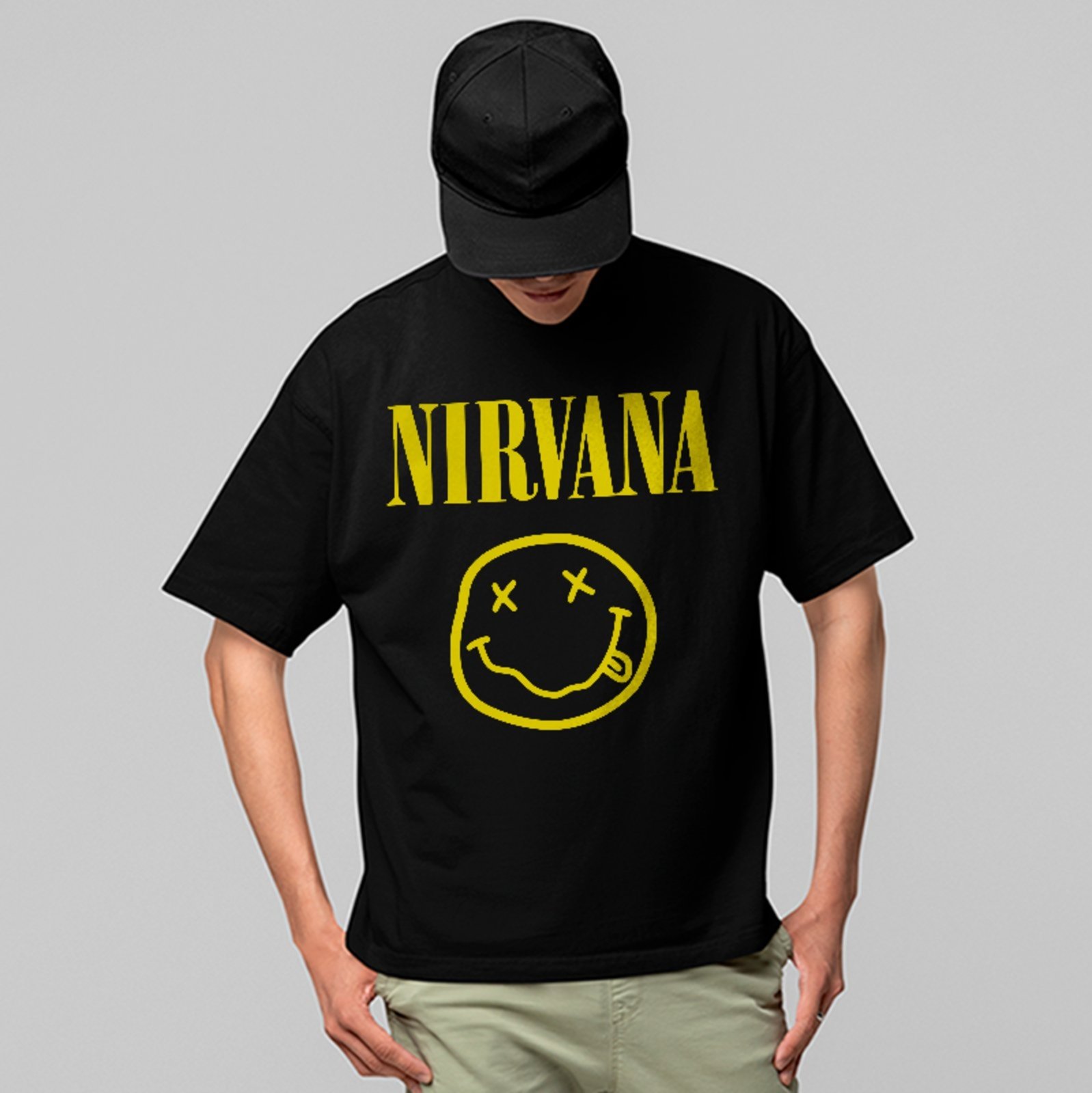 Camiseta Oversized Nirvana Rock Vintage Estampa Smile 90s Preto