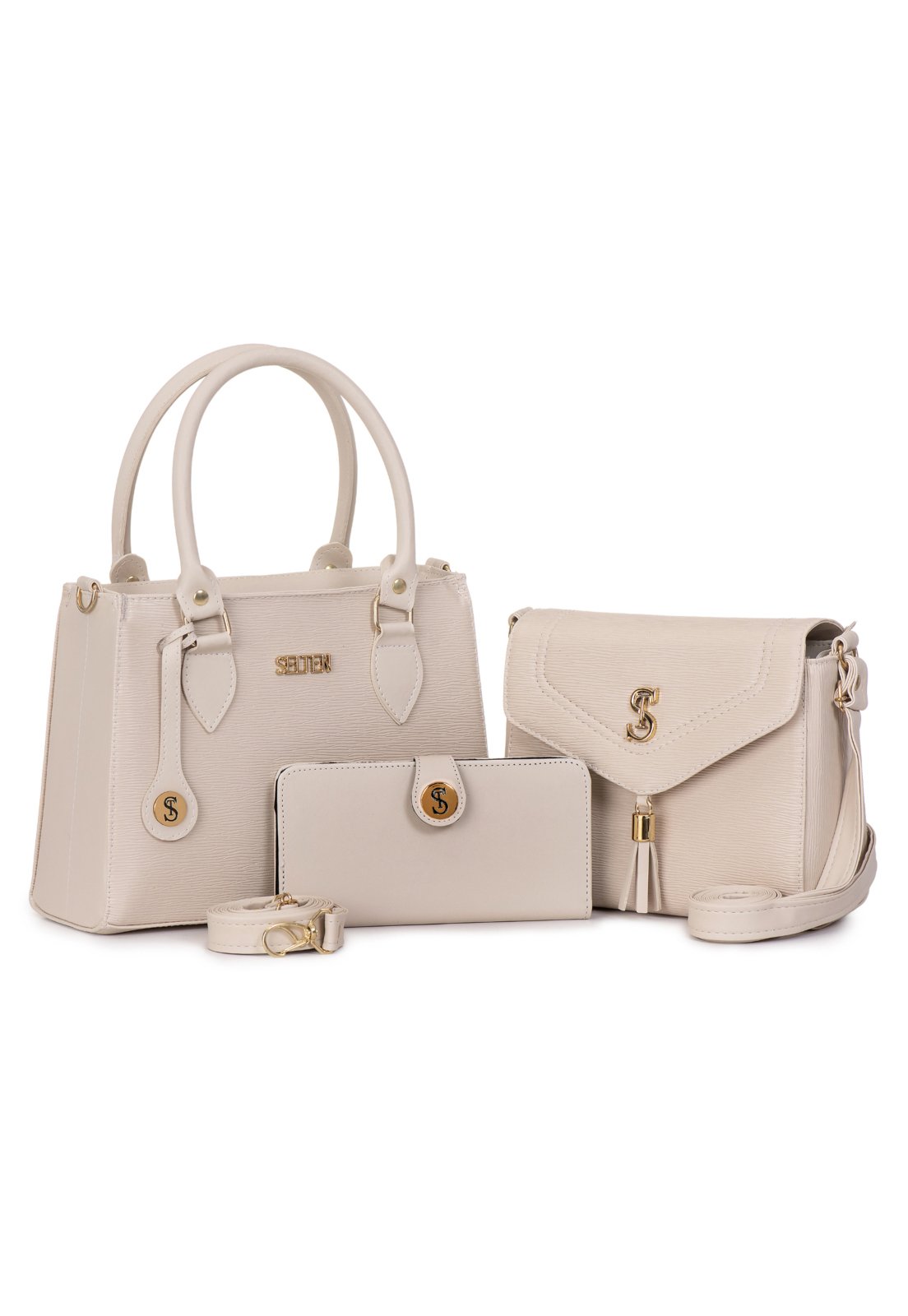Kit Bolsa Feminina Alça Lateral e Transversal + Bolsa Média Tampa E Carteira Bege Selten