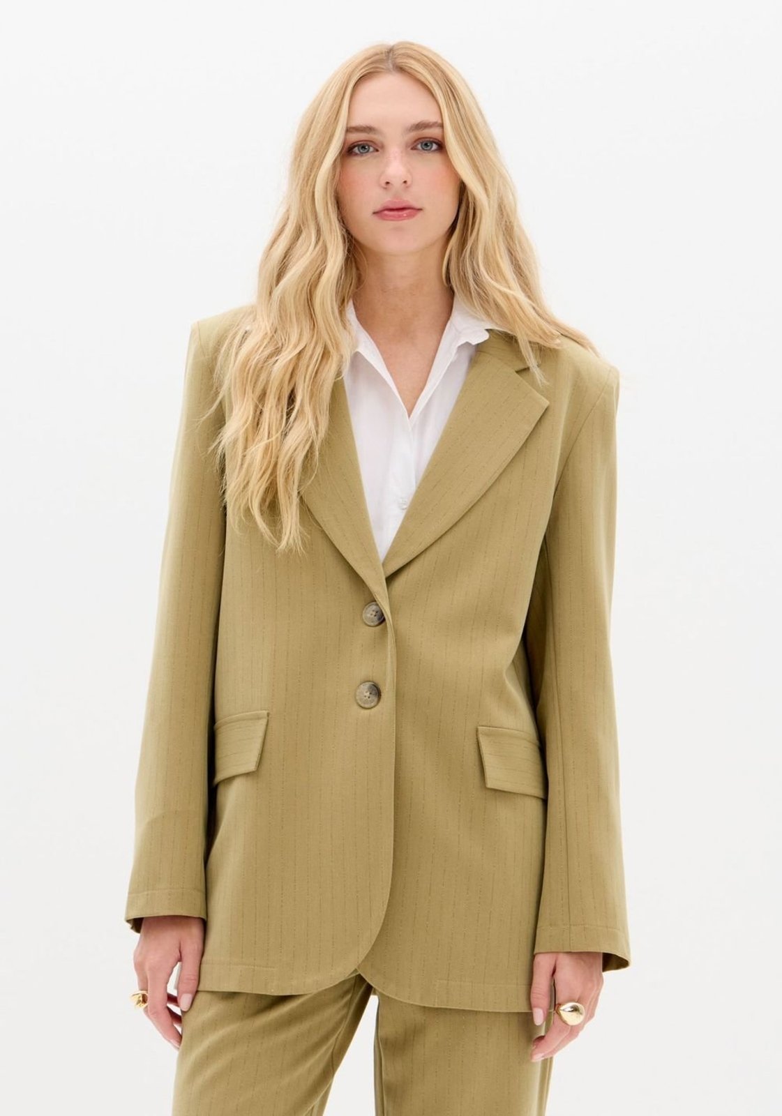 Vista 2 Blazer Oversized Alfaiataria Risca de Giz My Favorite Things verde My Favorite Things verde