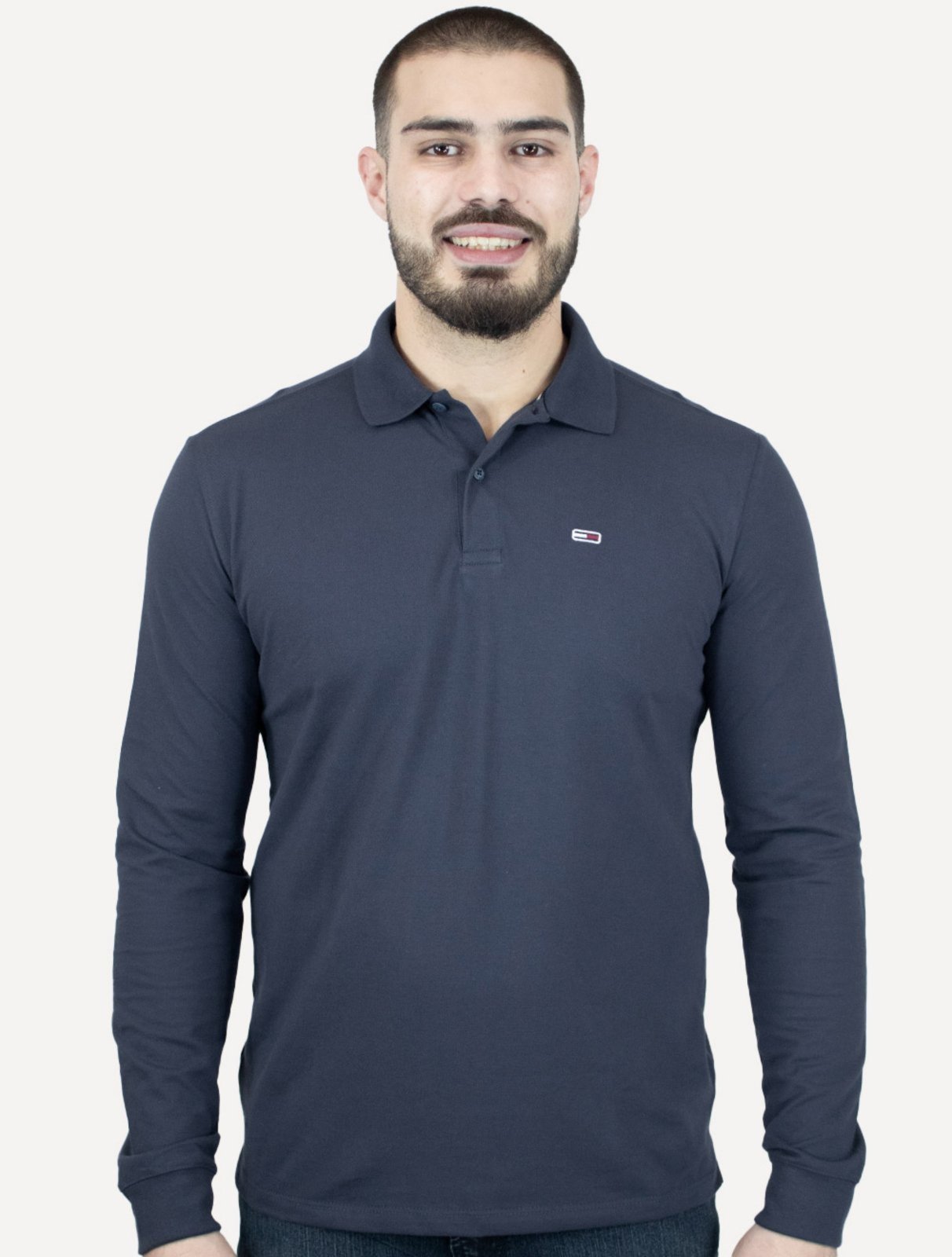 Polo Tommy Jeans Masculina Slim Piquet Flag Placket Azul Marinho