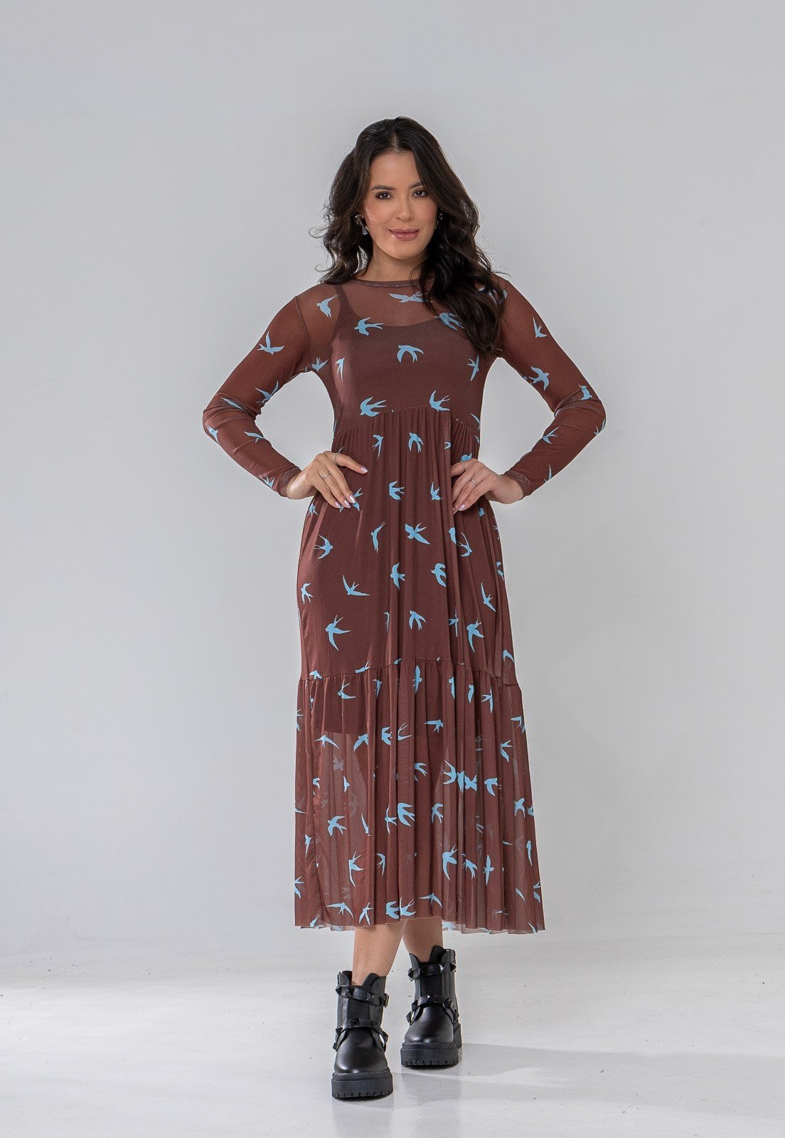 Vestido Aura Carolina Tule Pássaro Marrom