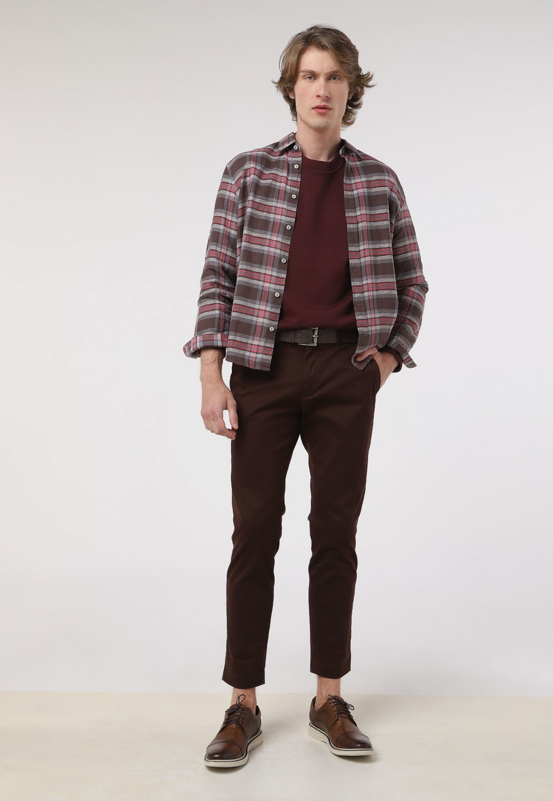 Camisa Linho Richards Reta Xadrez Marrom