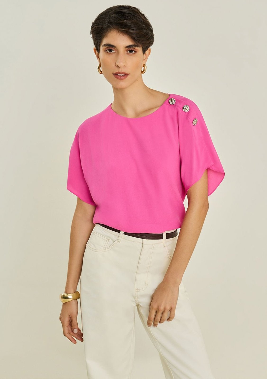 Blusa Maria Valentina Solta Decote Canoa Manga Curta Padrão Rosa