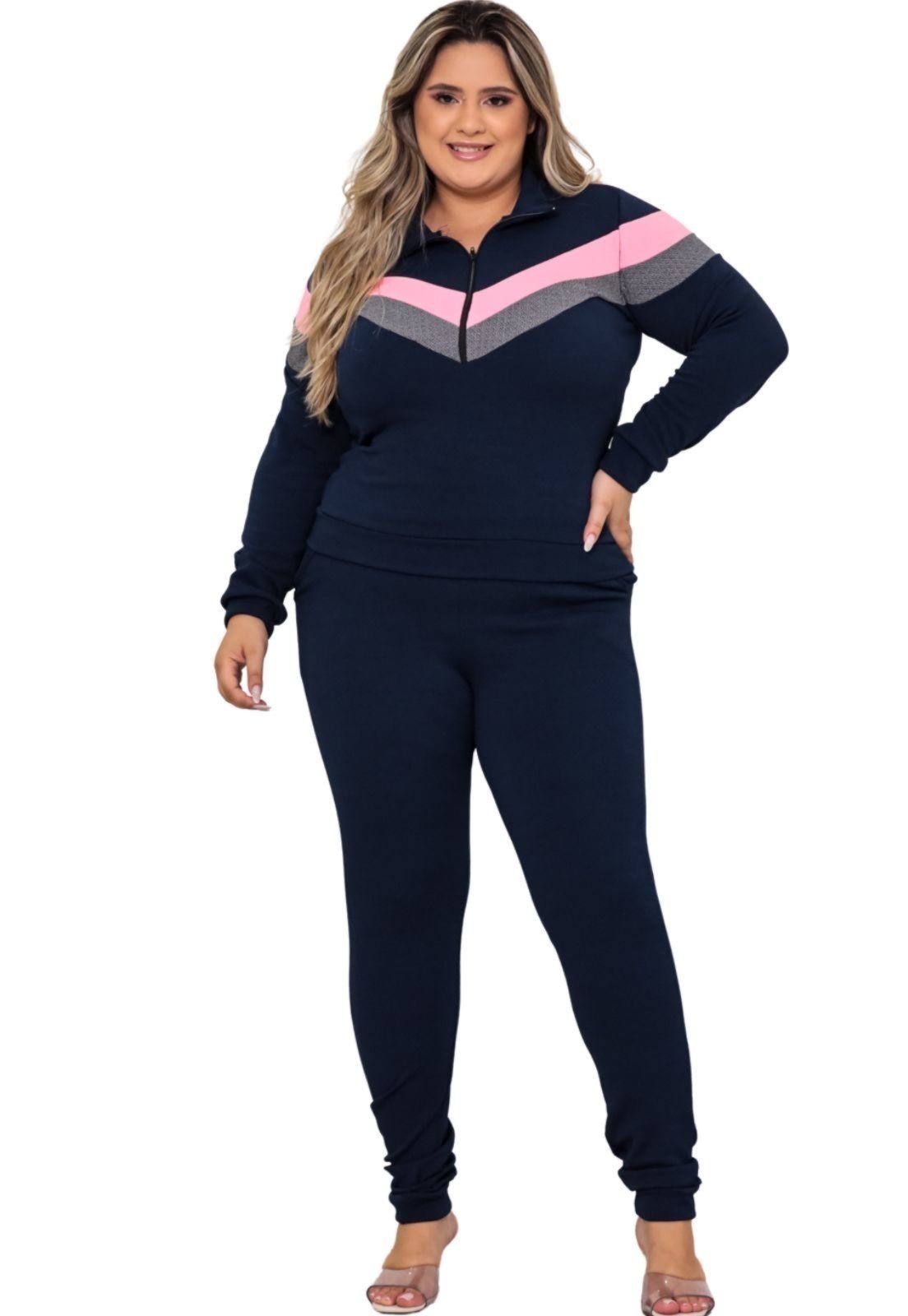 Conjunto Summer Body Plus Size Quentinho Blusa Frio Calça Malha Crepe azul marinho