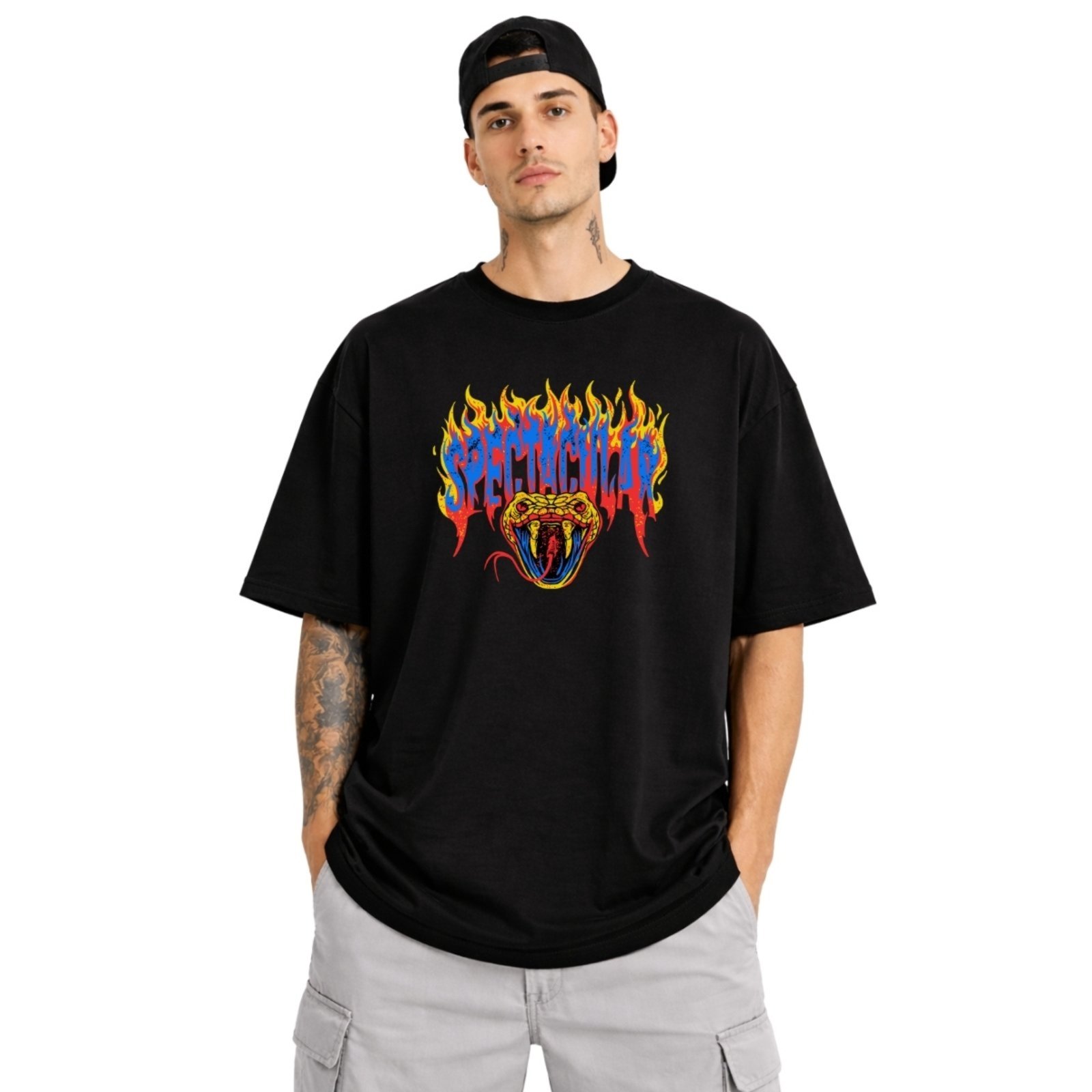 Camiseta Oversized de Algodão Masculina Ideal para Academia e Esportes Gola Redonda Estampado