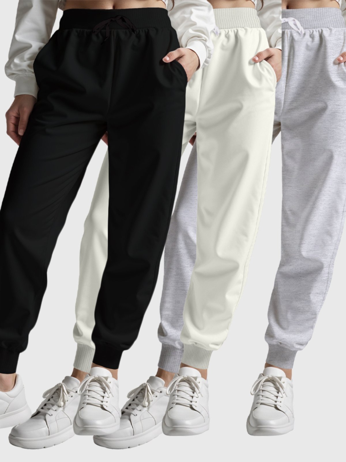 Kit 3 Calças Moletom Femininas Básicas Lisas Benellys Preto Cinza Off-White