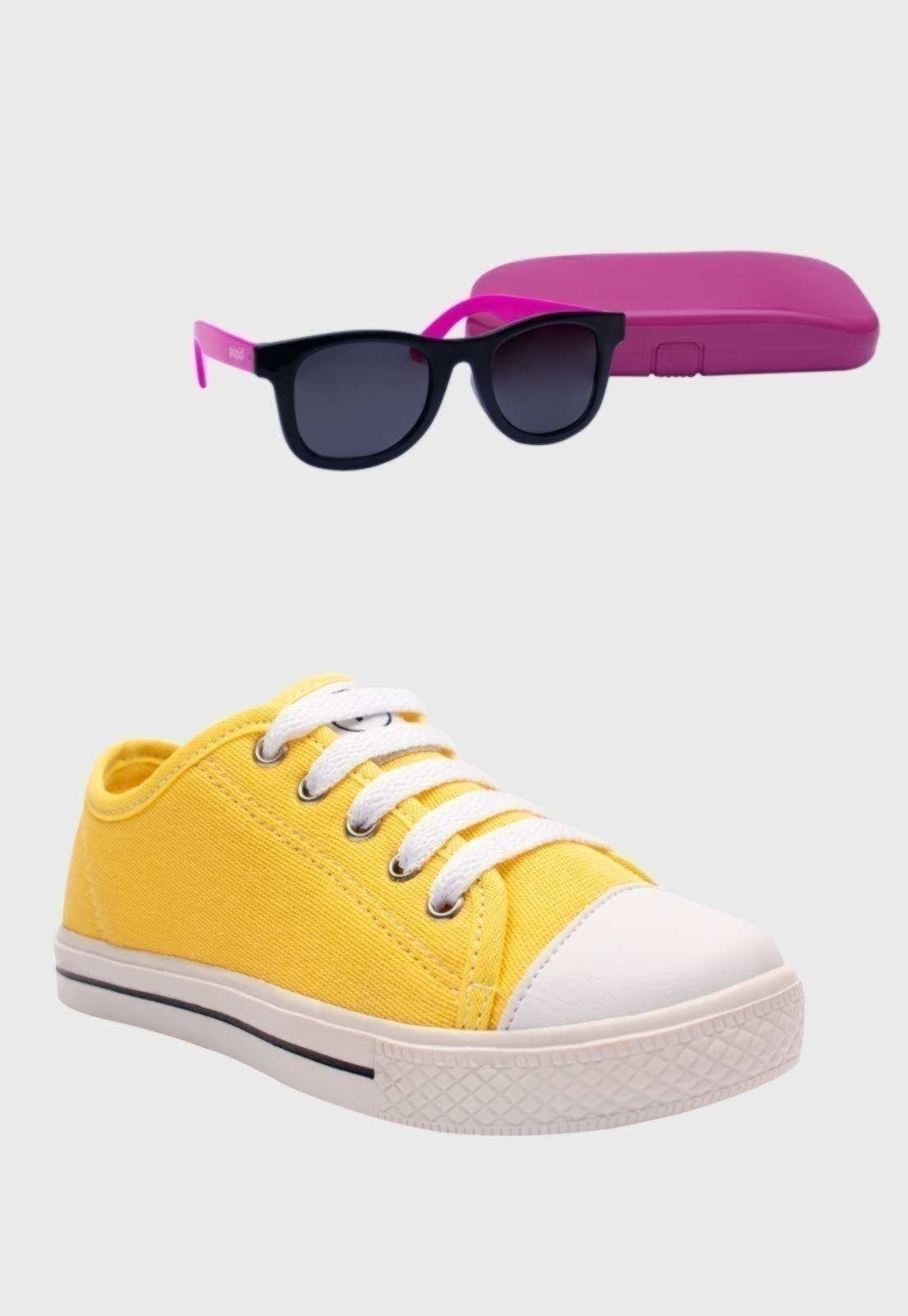 Vista 2 Infantil - Kit Tênis Popstar Amarelo e Óculos de Sol Rosa Pópidí amarelo rosa Pópidí amarelo rosa