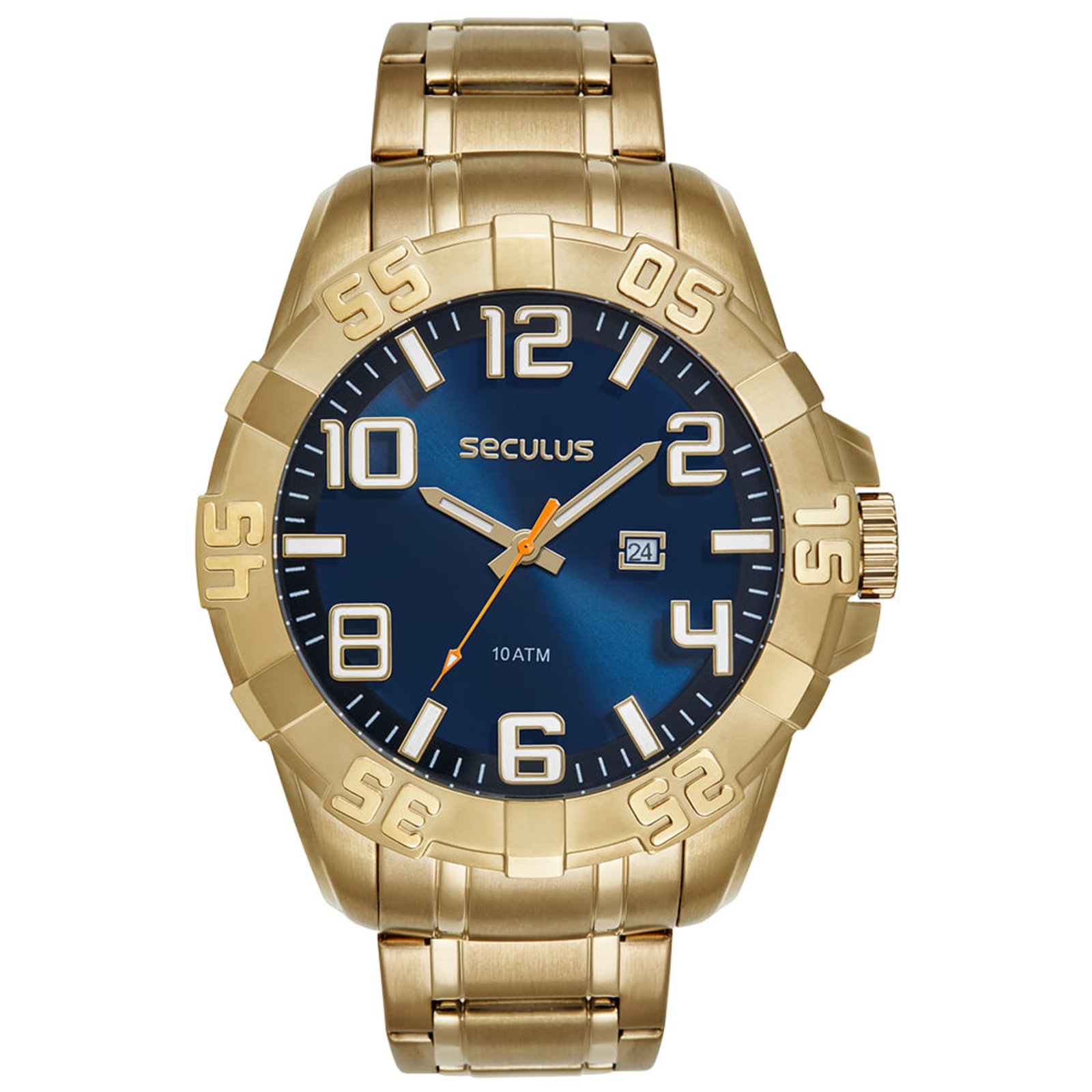 Relógio Masculino Robusto Aço Aro 3D Dourado Seculus