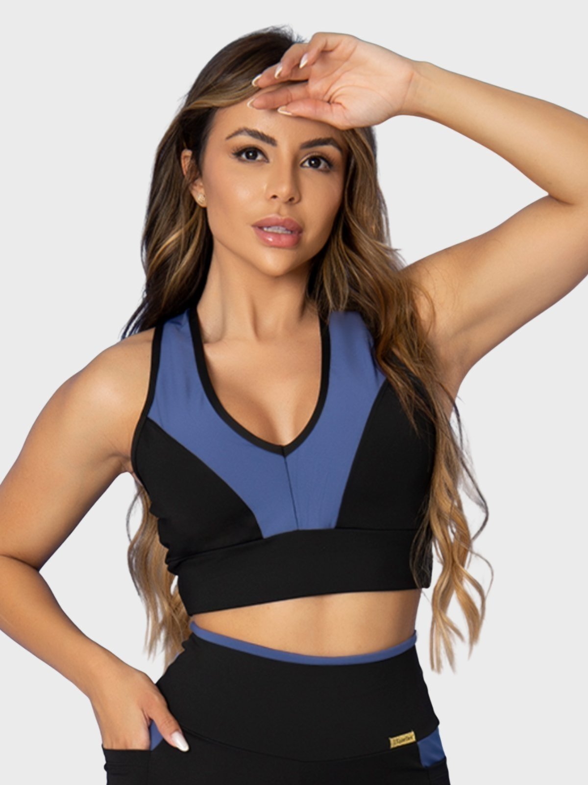 Top Fitness Tarelles Alça Larga Cropped Forrado Preto e Azul