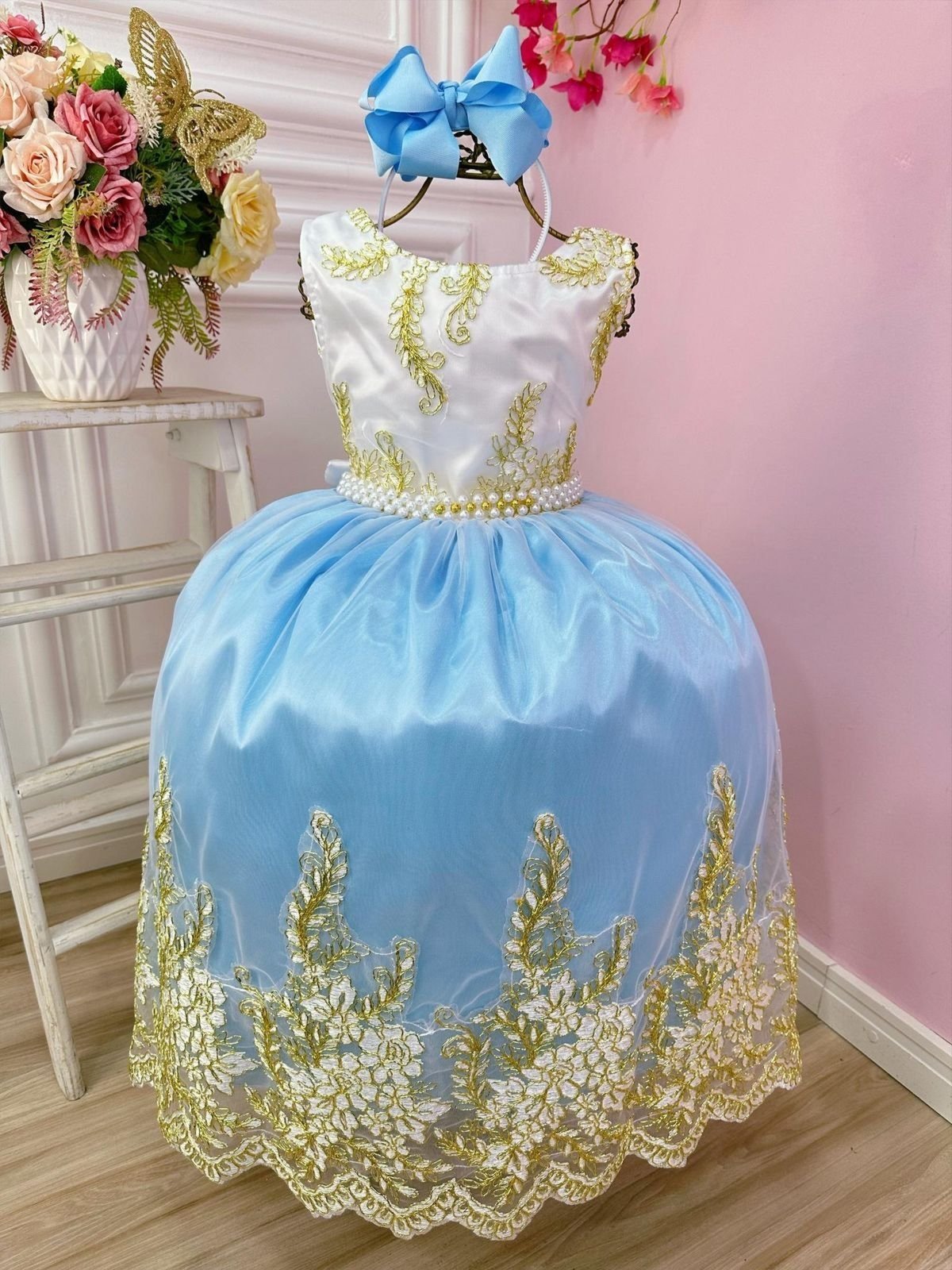 Infantil - Vestido Festa Longo Azul Claro Serenity Dourado Branco Off Florista Pérolas Renda Casamento Brilho Social Menina Dama Daminha Princesa Rodado Aniversário Luxo