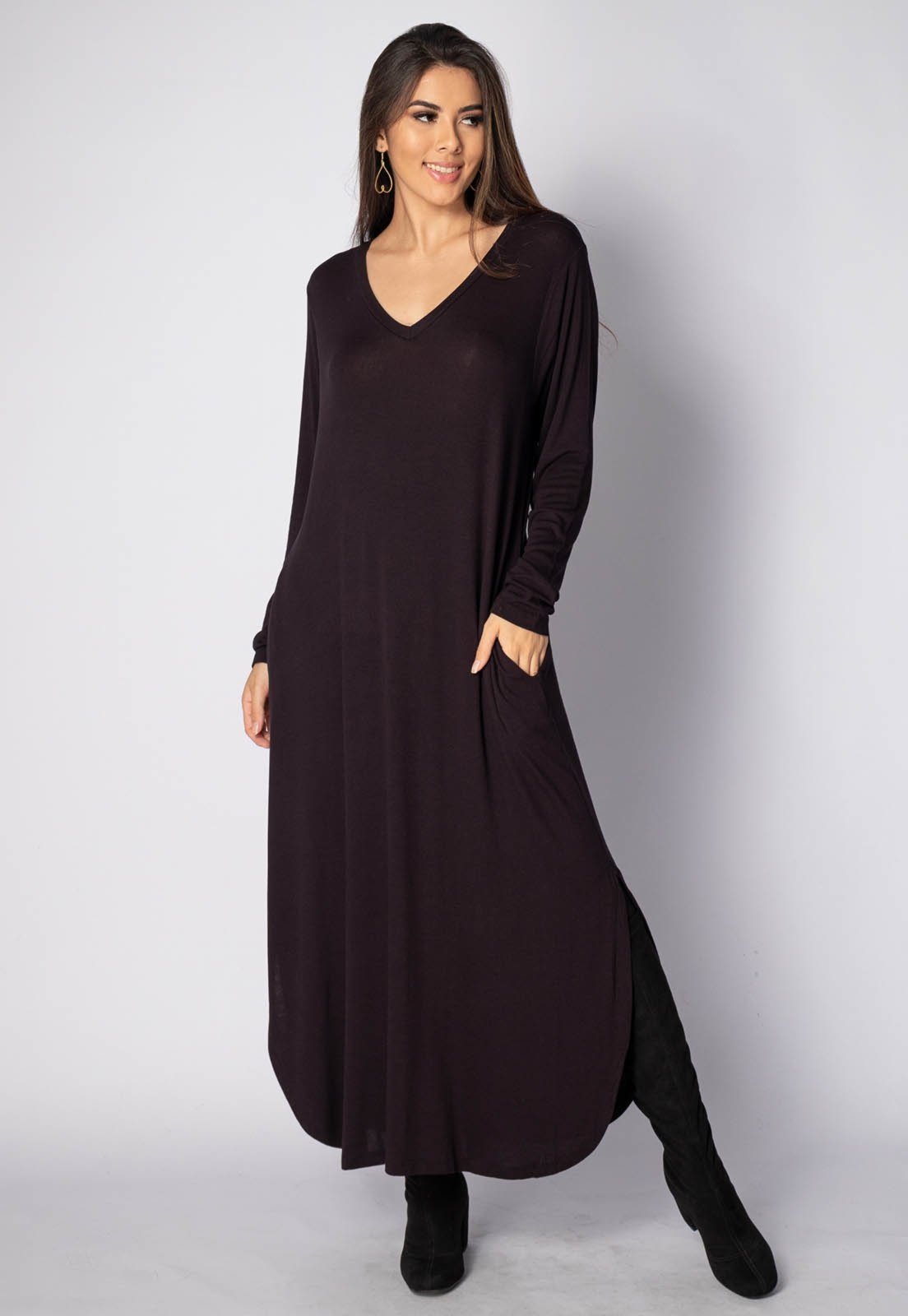 Vestido Midi Amazonia Vital Malha com Bolso Manga Longa Preto