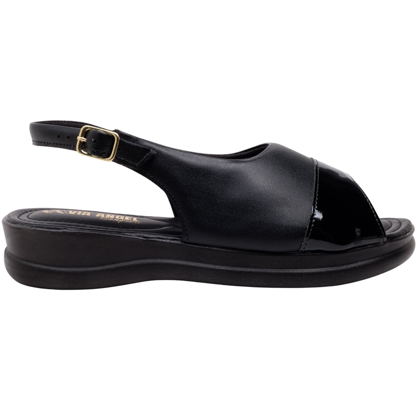 Sandália Feminina Ortopédica Via Angel Casual Leve Com Verniz Confortável 9602 Preto