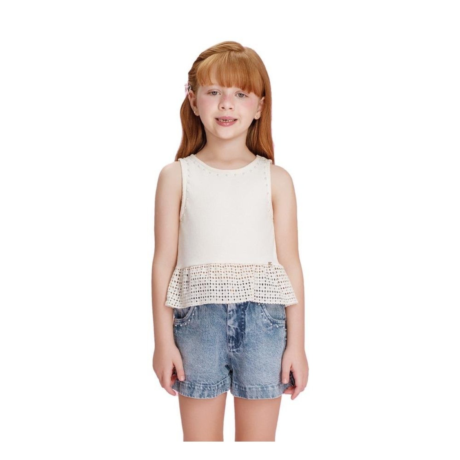 Infantil - Conjunto Blusa Off White e Short Jeans Petit Cherie 10 Amarelo