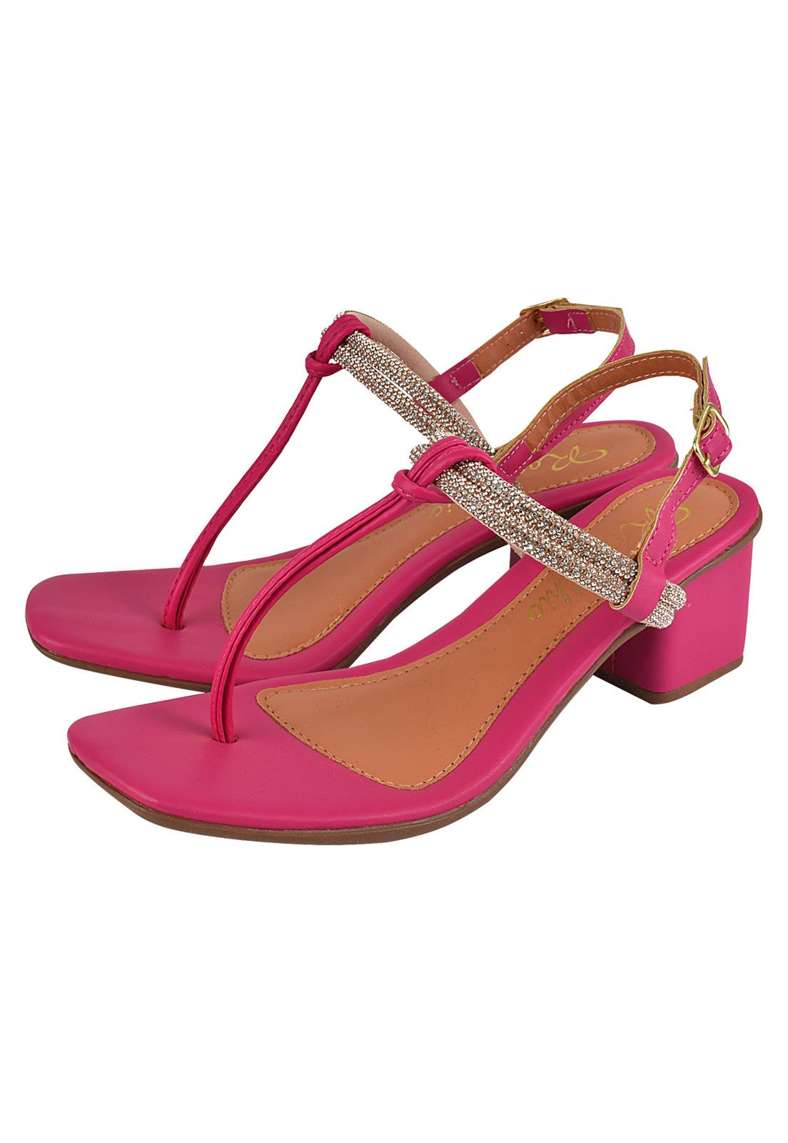 Sandália Salto Grosso Rosa Chic Calçados Feminino Salto Baixo Bloco Brilho Strass Bico Quadrado Pink