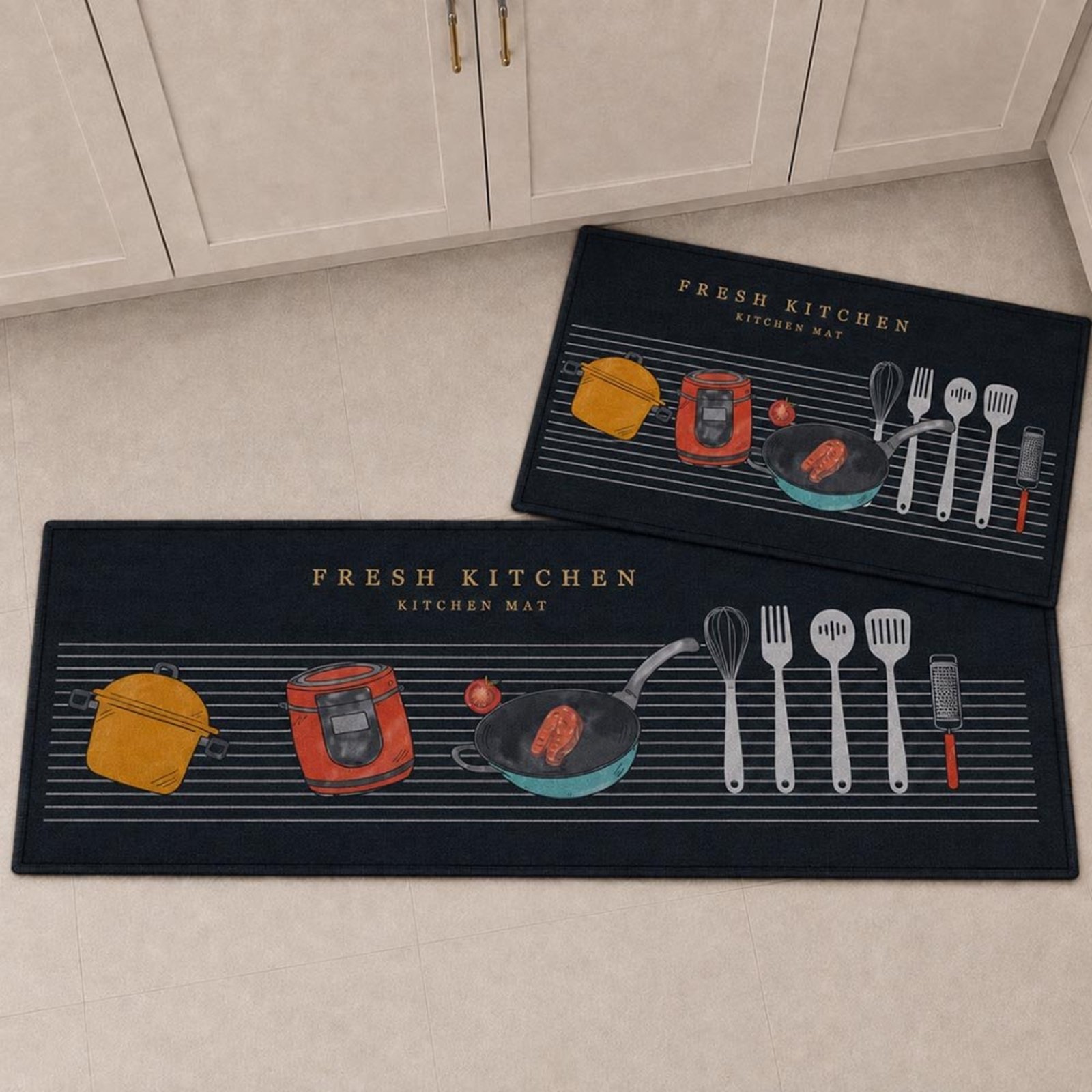 Kit Tapete para Cozinha 2 Peças Passadeira Antiderrapante Emborrachada Carpete Chef Moderno