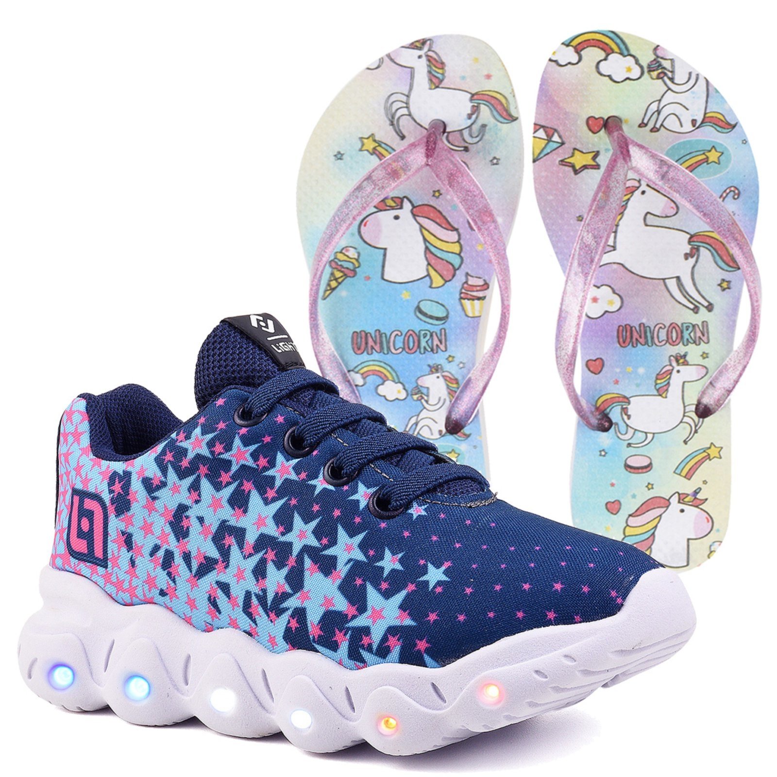 Infantil – Tenis De Led Meninas Casual Marinho e Pink Com Luzes Feminino + Chinelo
