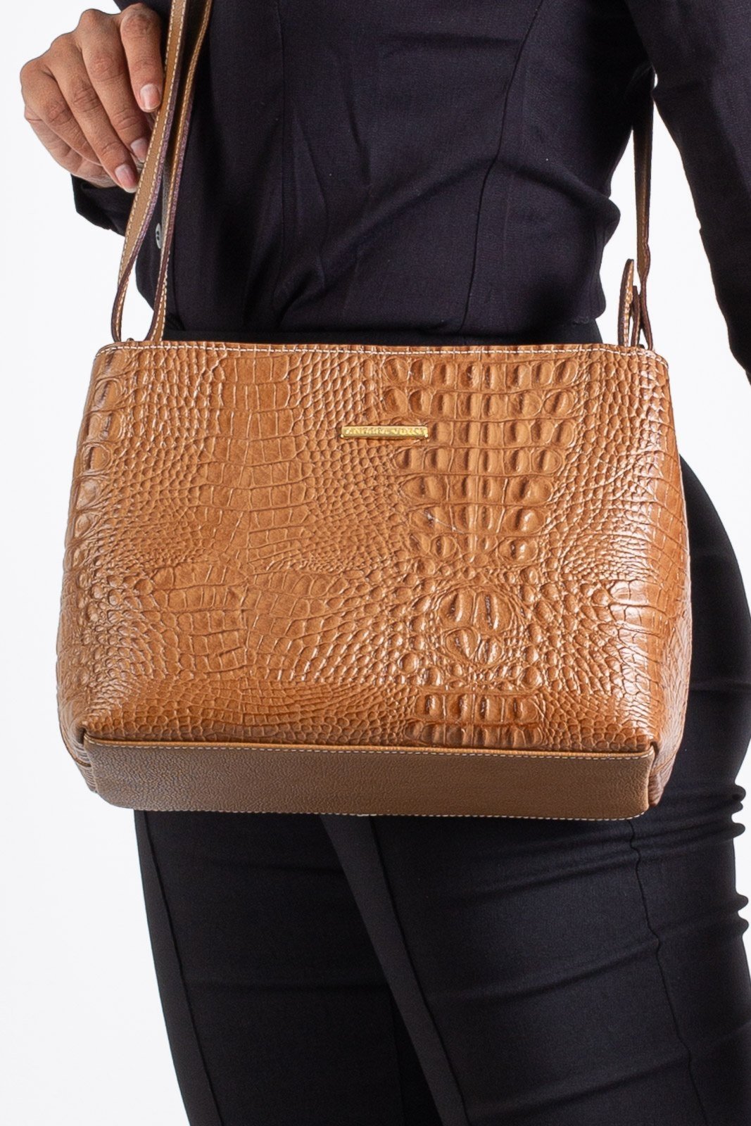 Bolsa de couro croco estruturada Evelyn - Caramelo