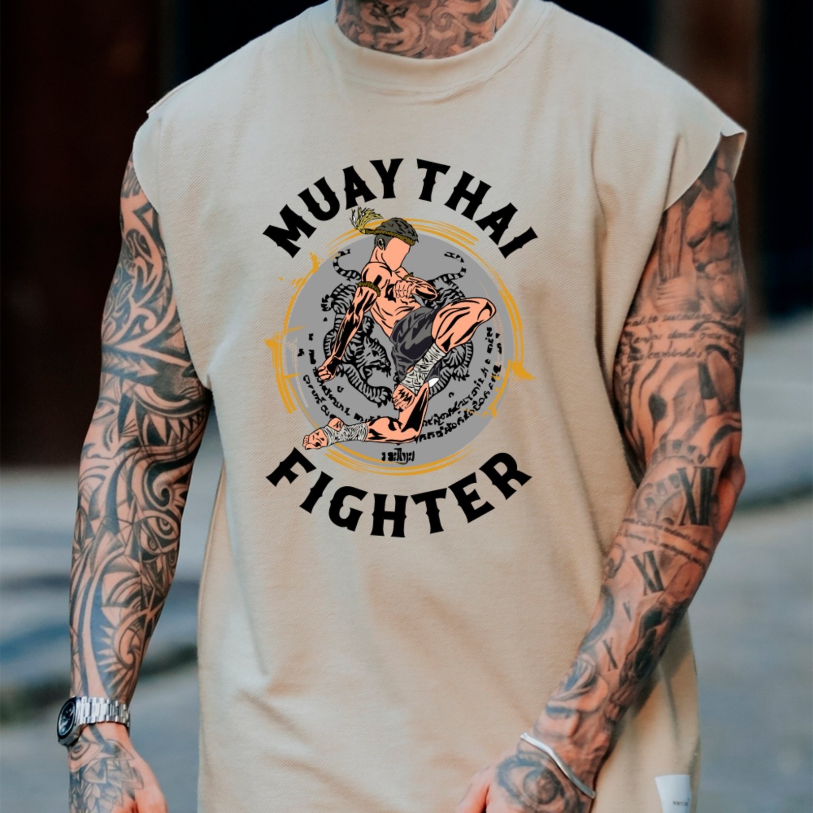 Camiseta Regata Machão Ousy Muay Thai Fighter Oversized Masculina Off White