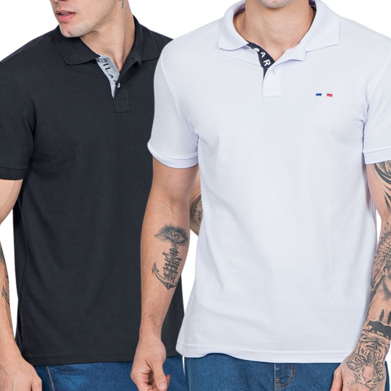 Kit 2 Polos Masculina Básicas FMF Branco e Preto Piquet no Estilo Tommy Bordado França