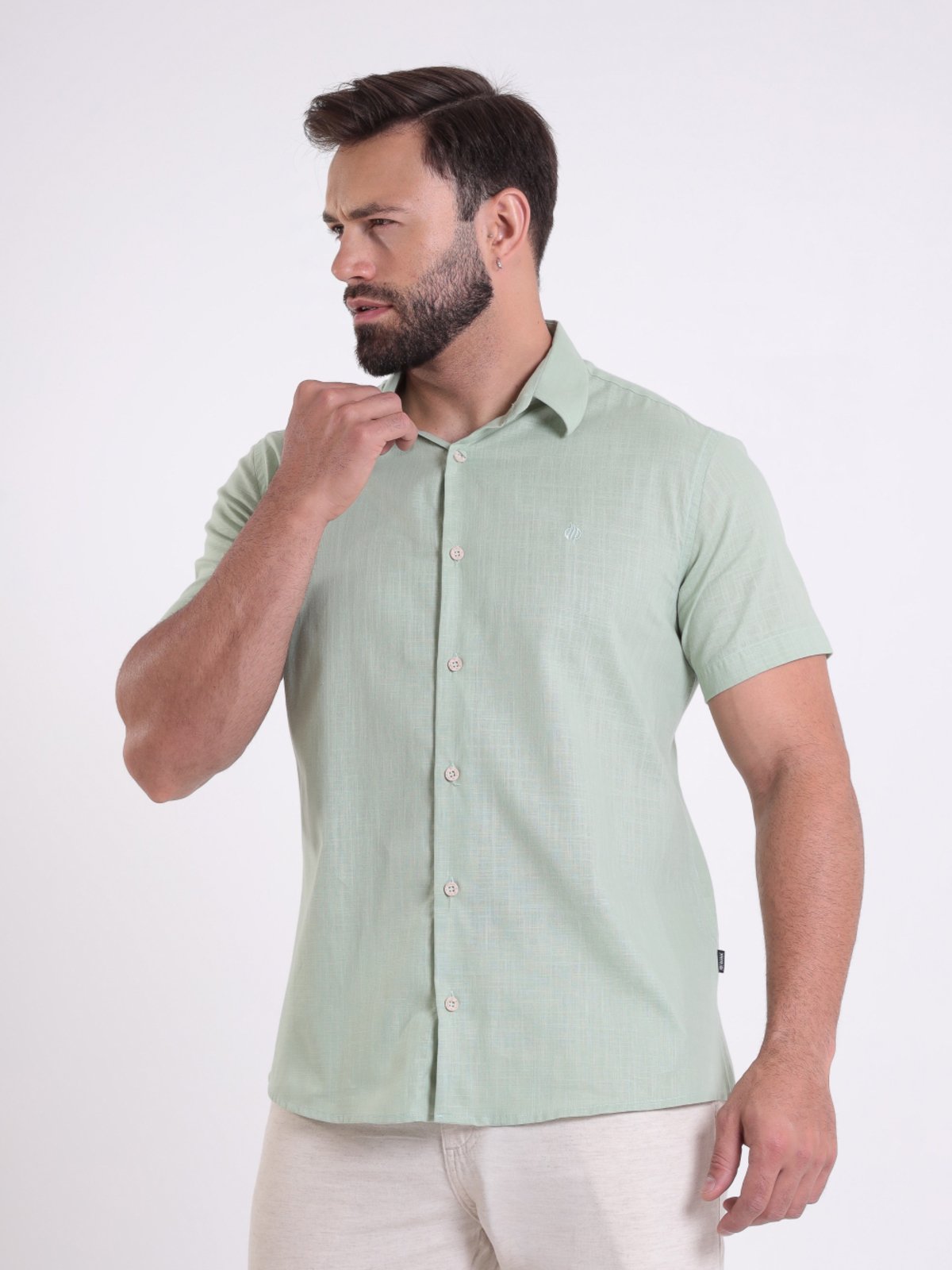 Camisa Social Masculino Djak Tricoline Slim M/curta Luxo Verde Claro