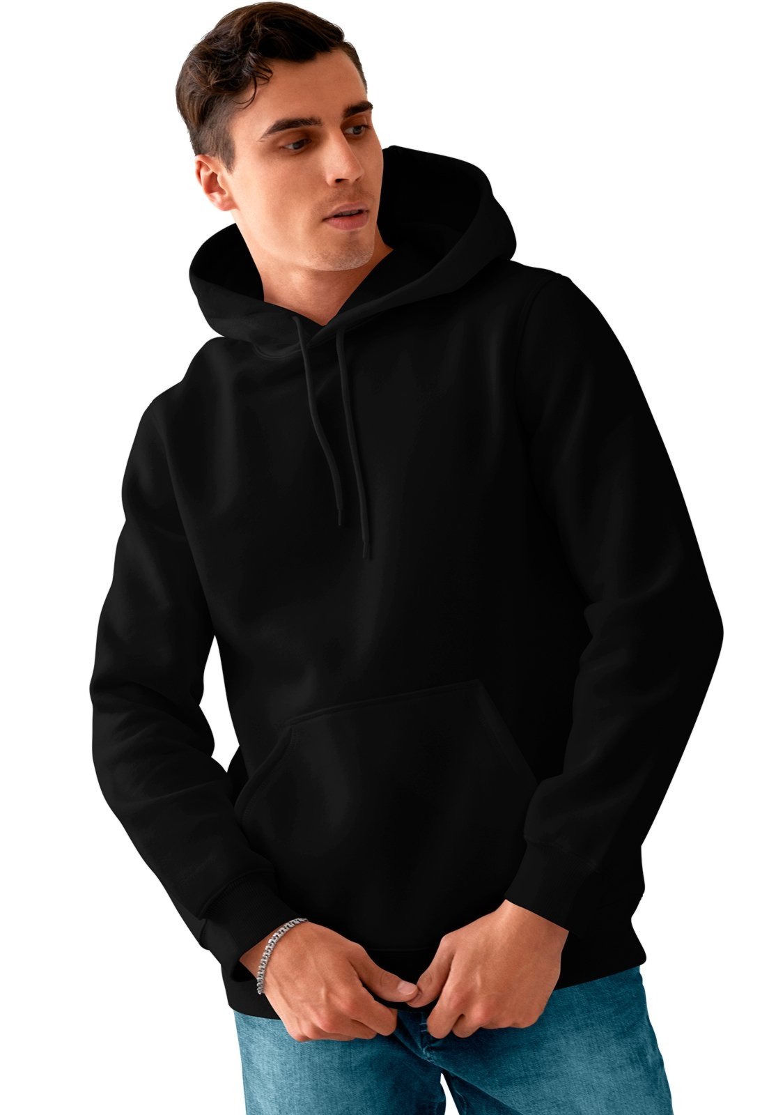 Blusa De Frio Masculina Moletom Liso Com Capuz e Bolso Canguru Felpado Preto