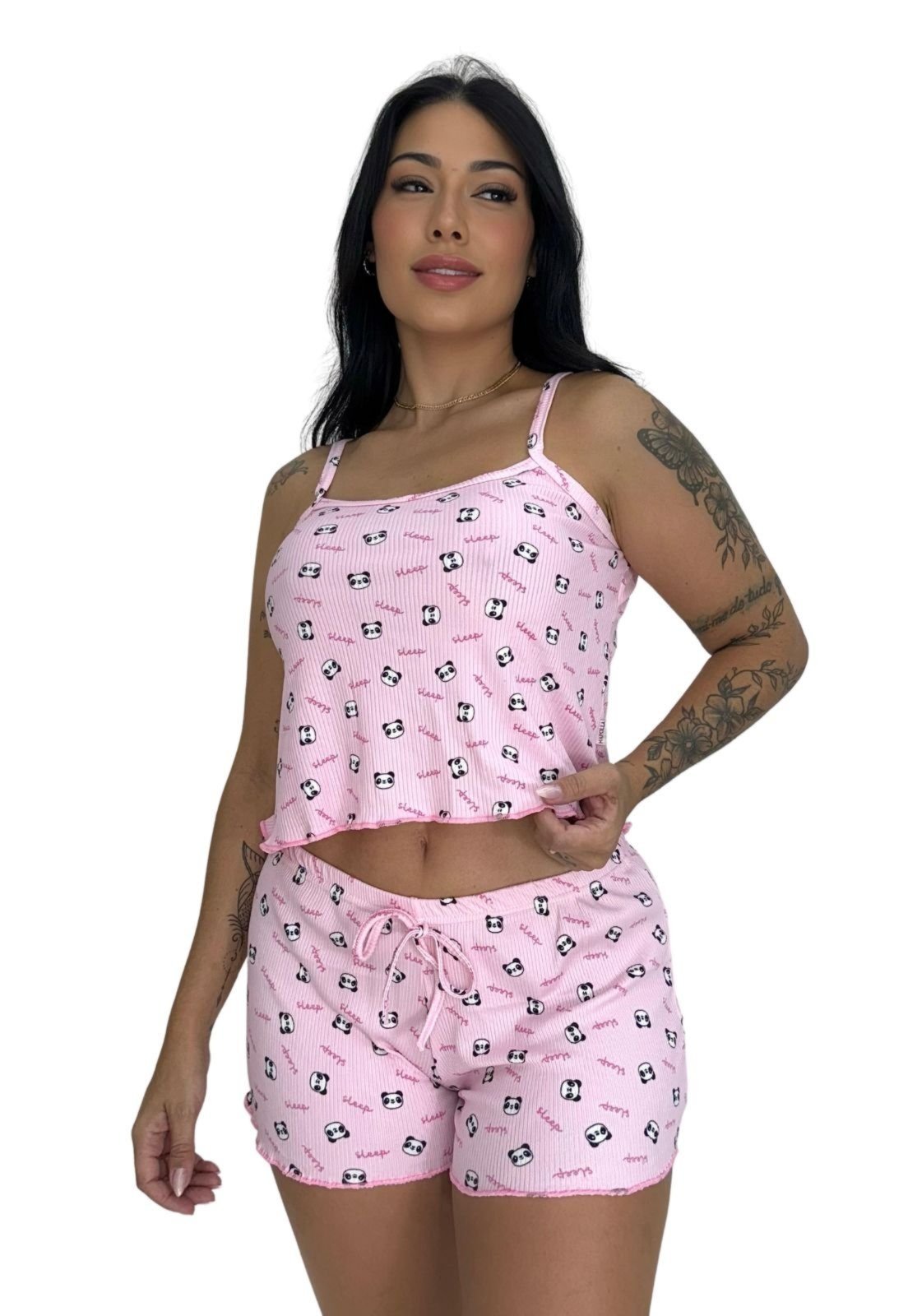 Baby Doll Estampado Blusa Alcinha e Shortinho de Dormir Virginia Rosa Claro