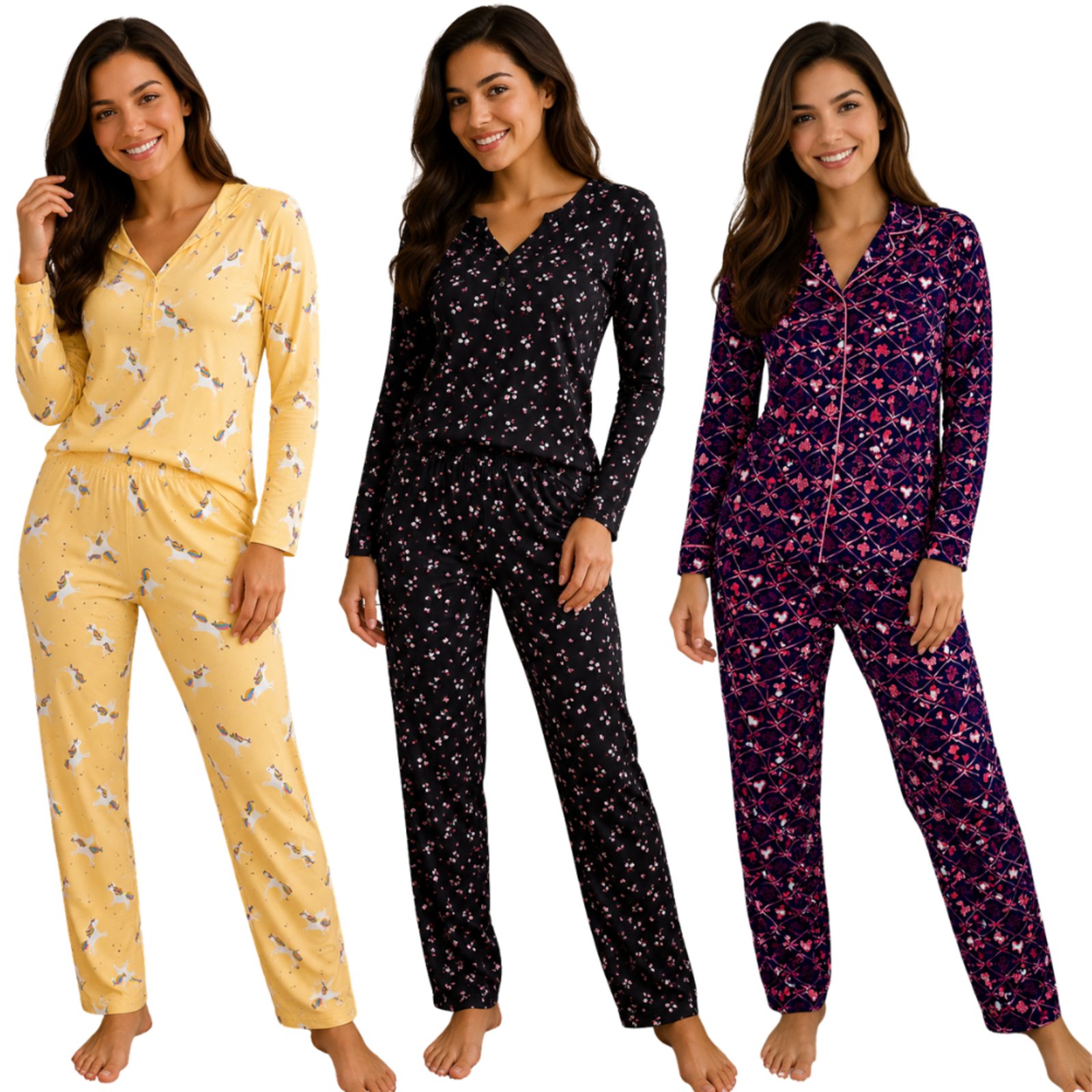 Kit 3 Conjunto Pijama Suede Longo Estampado Algodão Frio Inverno Feminino Conforto Quentinho