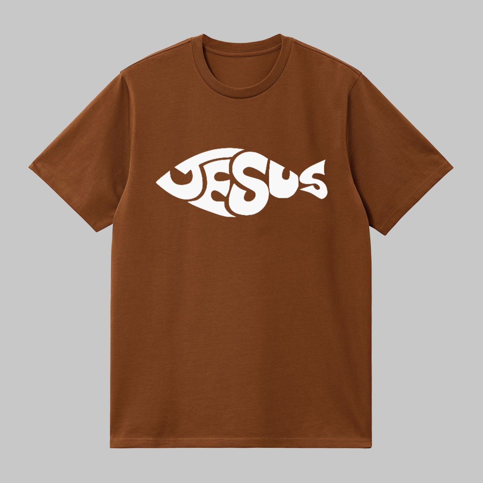 Camiseta Básica Jesus Peixe Cristão Símbolo Fé Minimalista Marrom