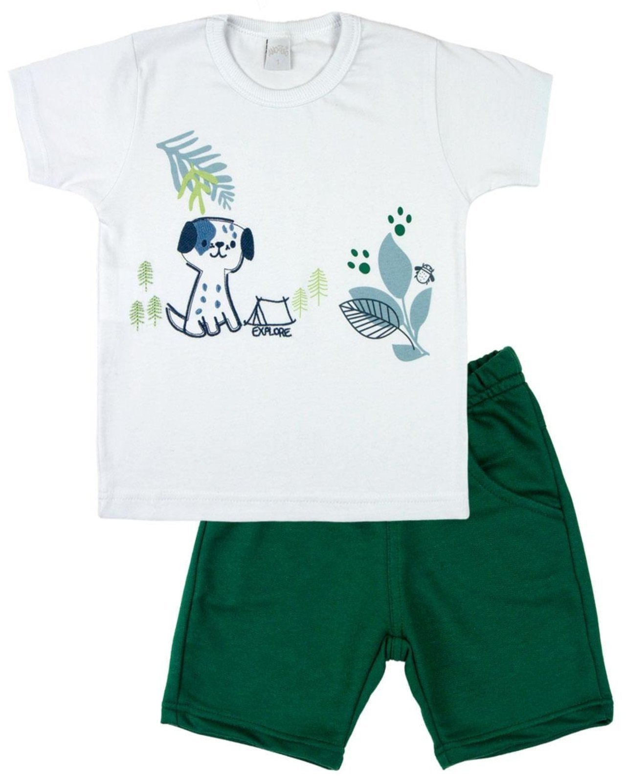 Infantil – Conjunto Manga Curta Menino 10M a 3 Anos Malha e Moletinho Silk Screen e Bordado Cachorrinho – Branco