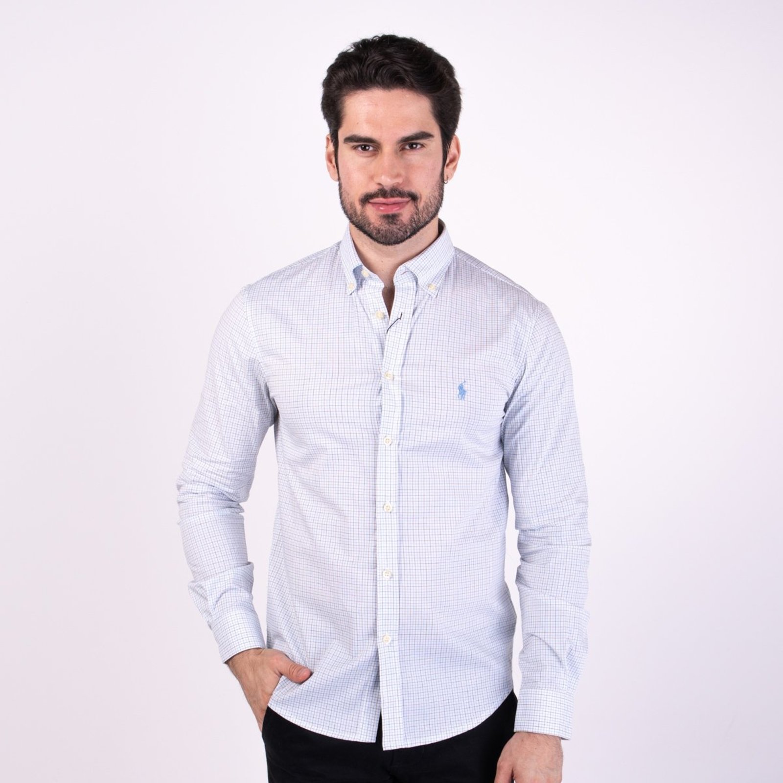 Camisa RL Xadrez Quadriculado Slim Fit Azul Claro